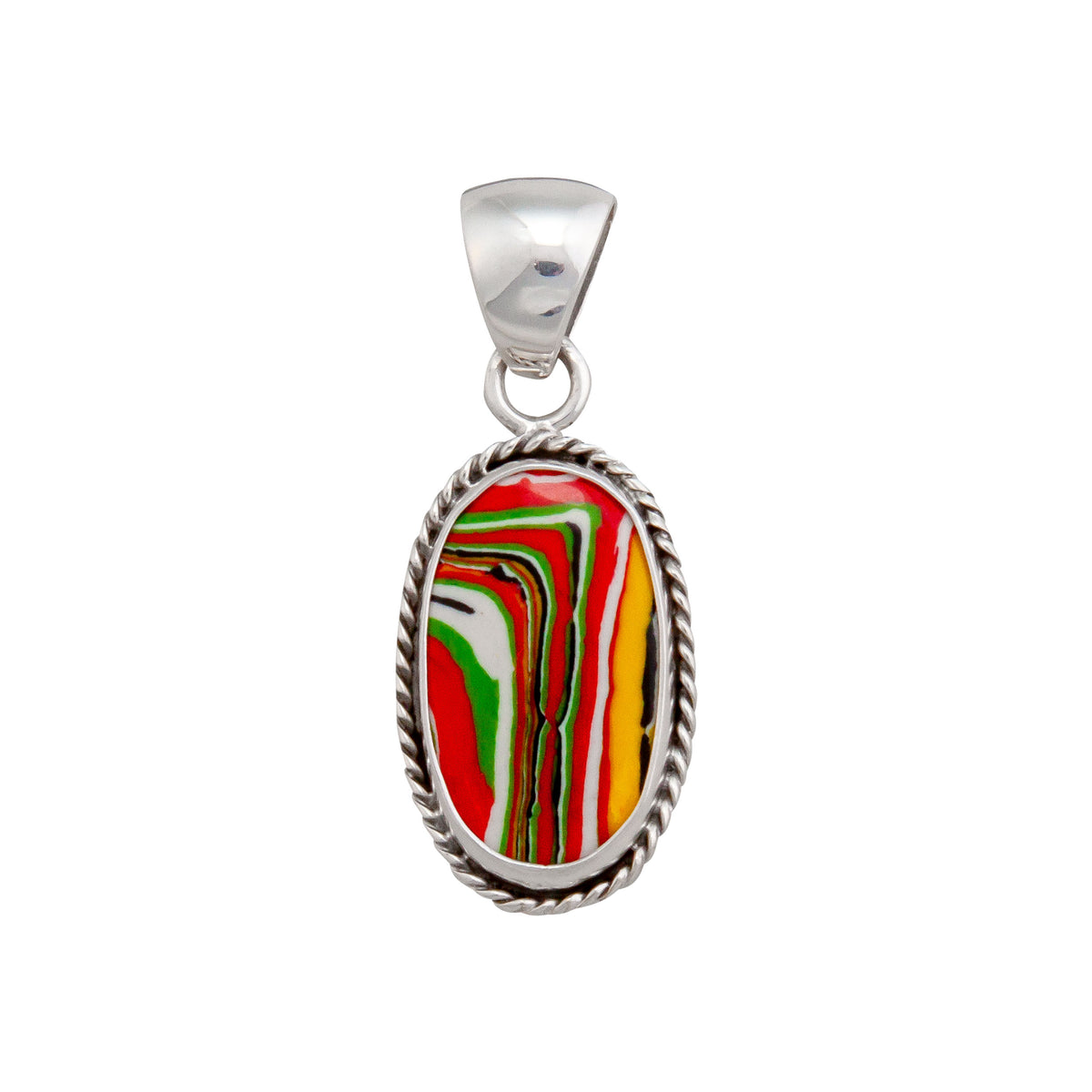 Sterling Silver Green Fordite Oval Rope Pendant | Charles Albert Jewelry