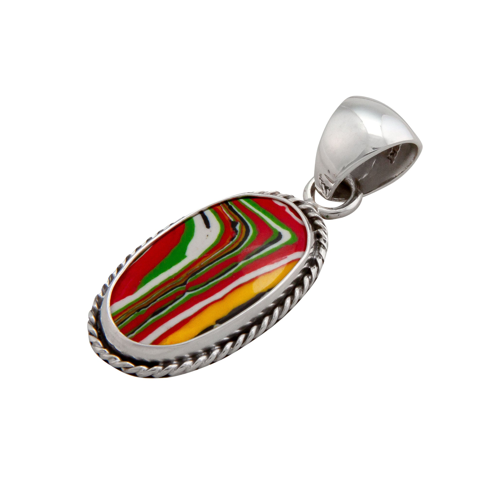 Sterling Silver Green Fordite Oval Rope Pendant | Charles Albert Jewelry