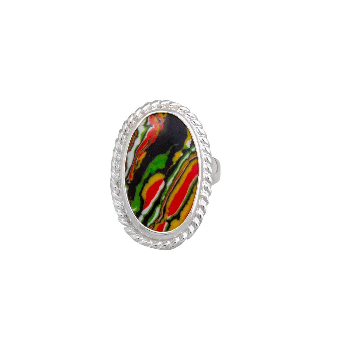 Sterling Silver Green Fordite Oval Adjustable Ring with Rope Edge | Charles Albert Jewelry