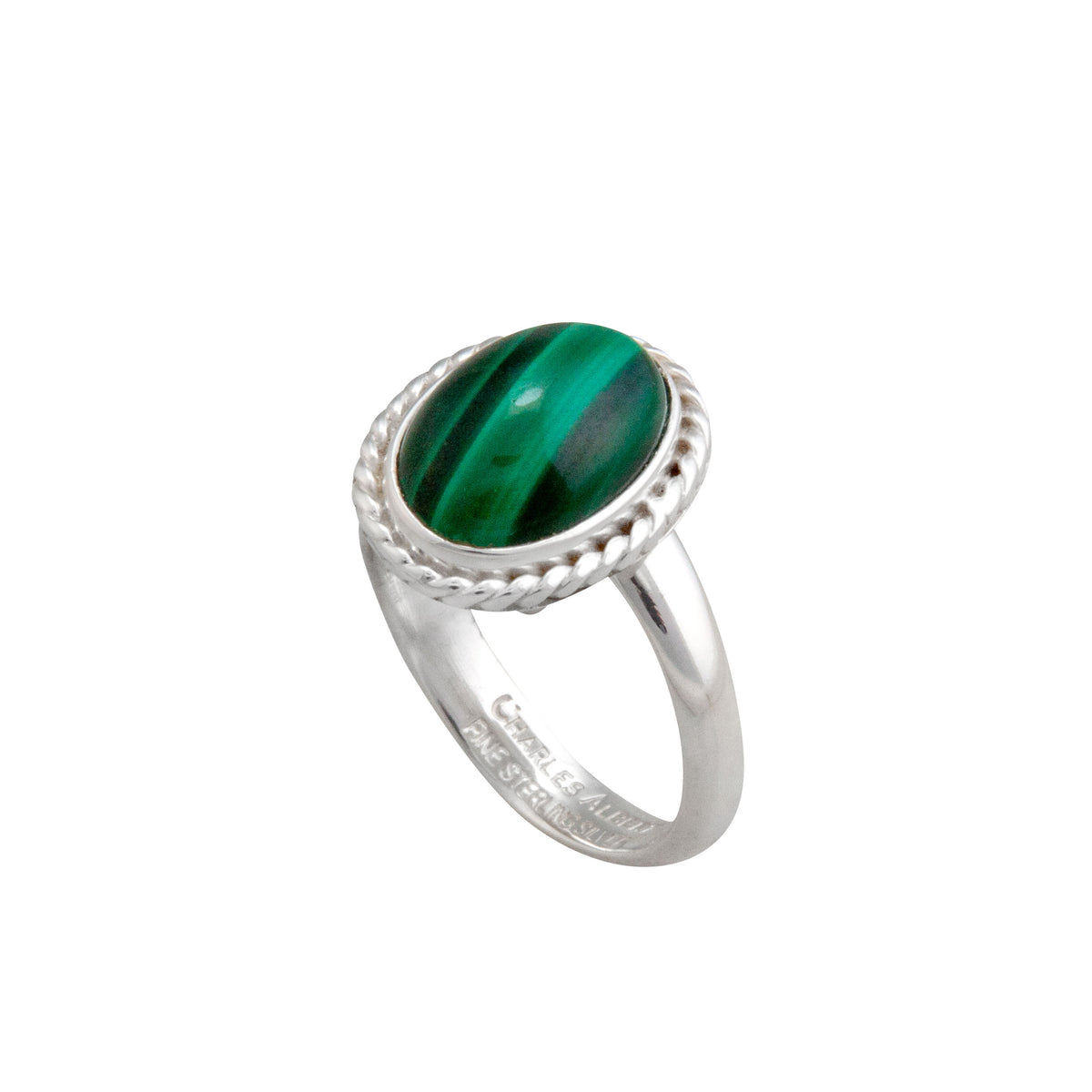 Sterling Silver Malachite Petite Adjustable Ring with Rope Edge | Charles Albert Jewelry