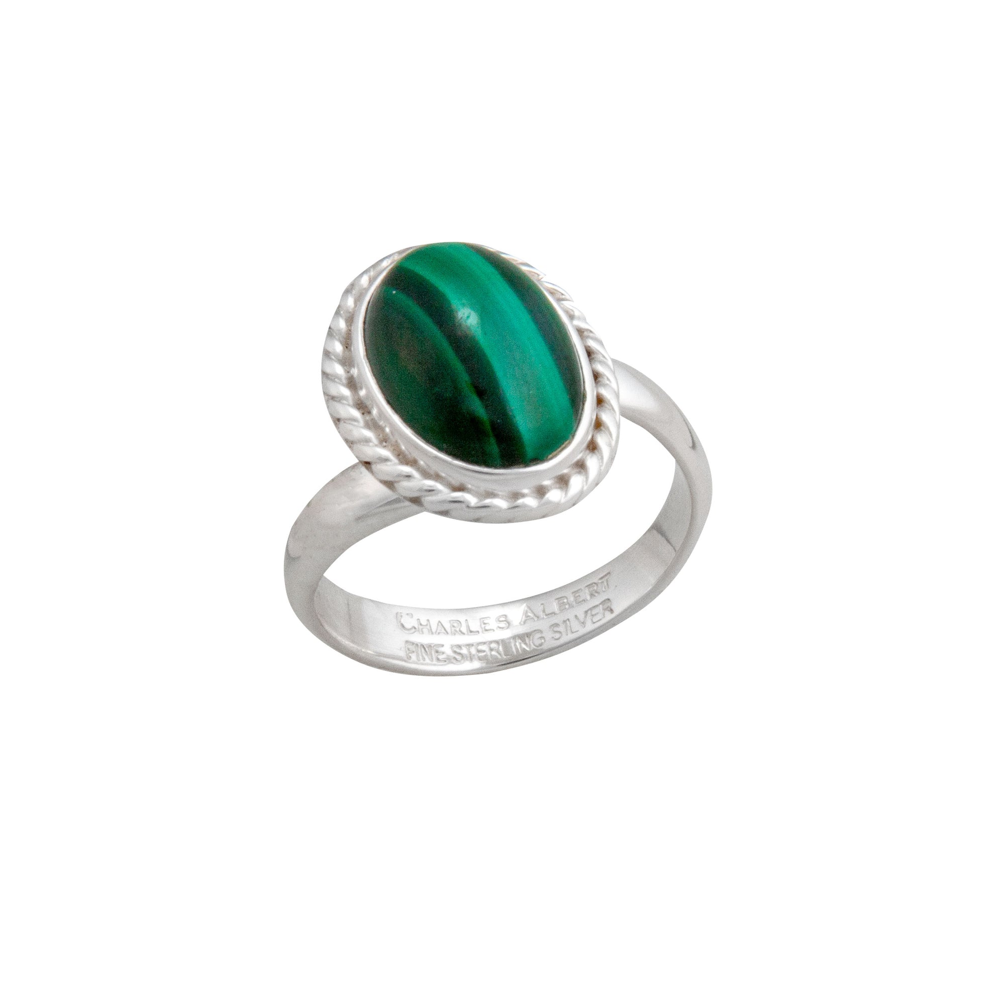 Sterling Silver Malachite Petite Adjustable Ring with Rope Edge | Charles Albert Jewelry