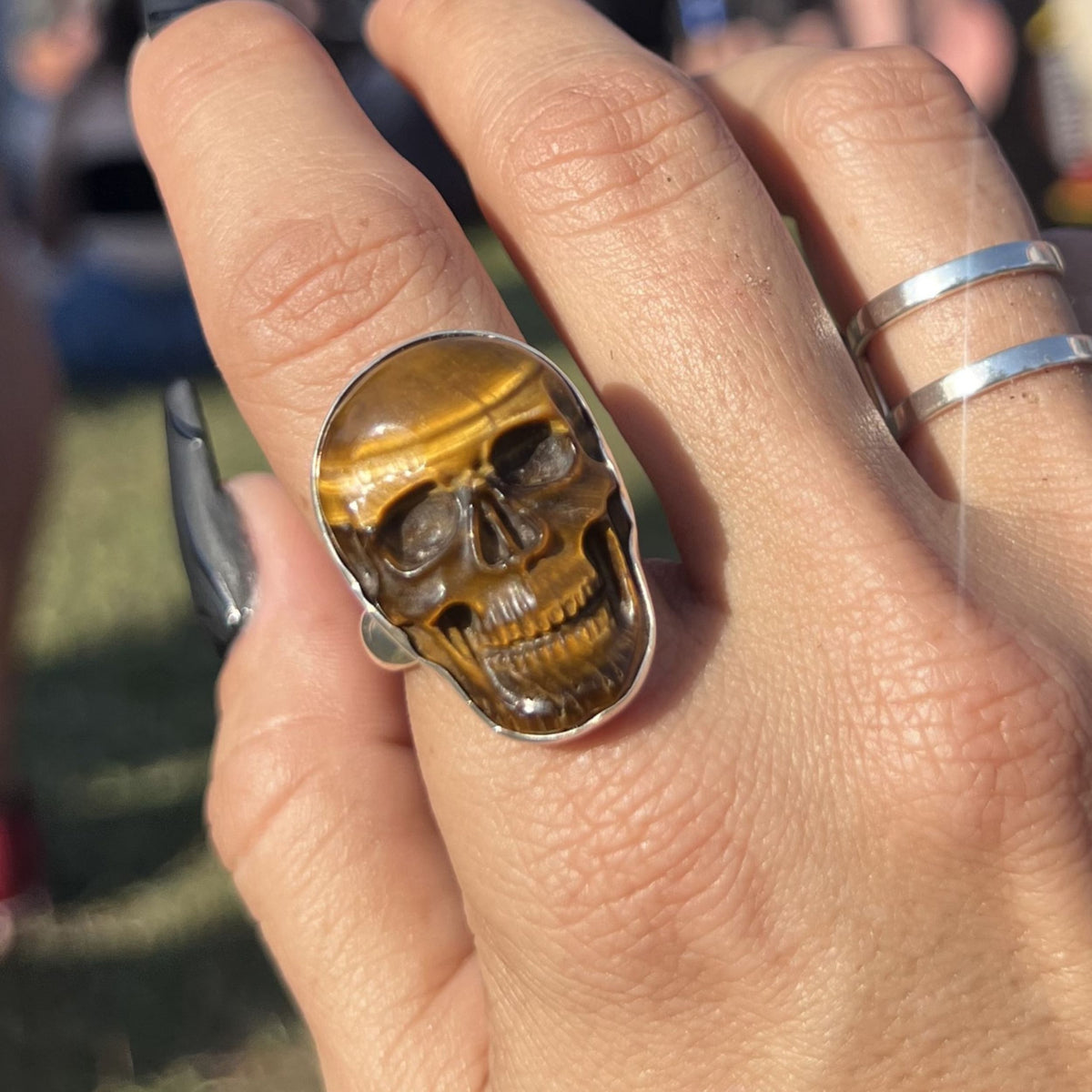 Sterling Silver Medium Tiger Eye Skull Adjustable Ring | Charles Albert Jewelry