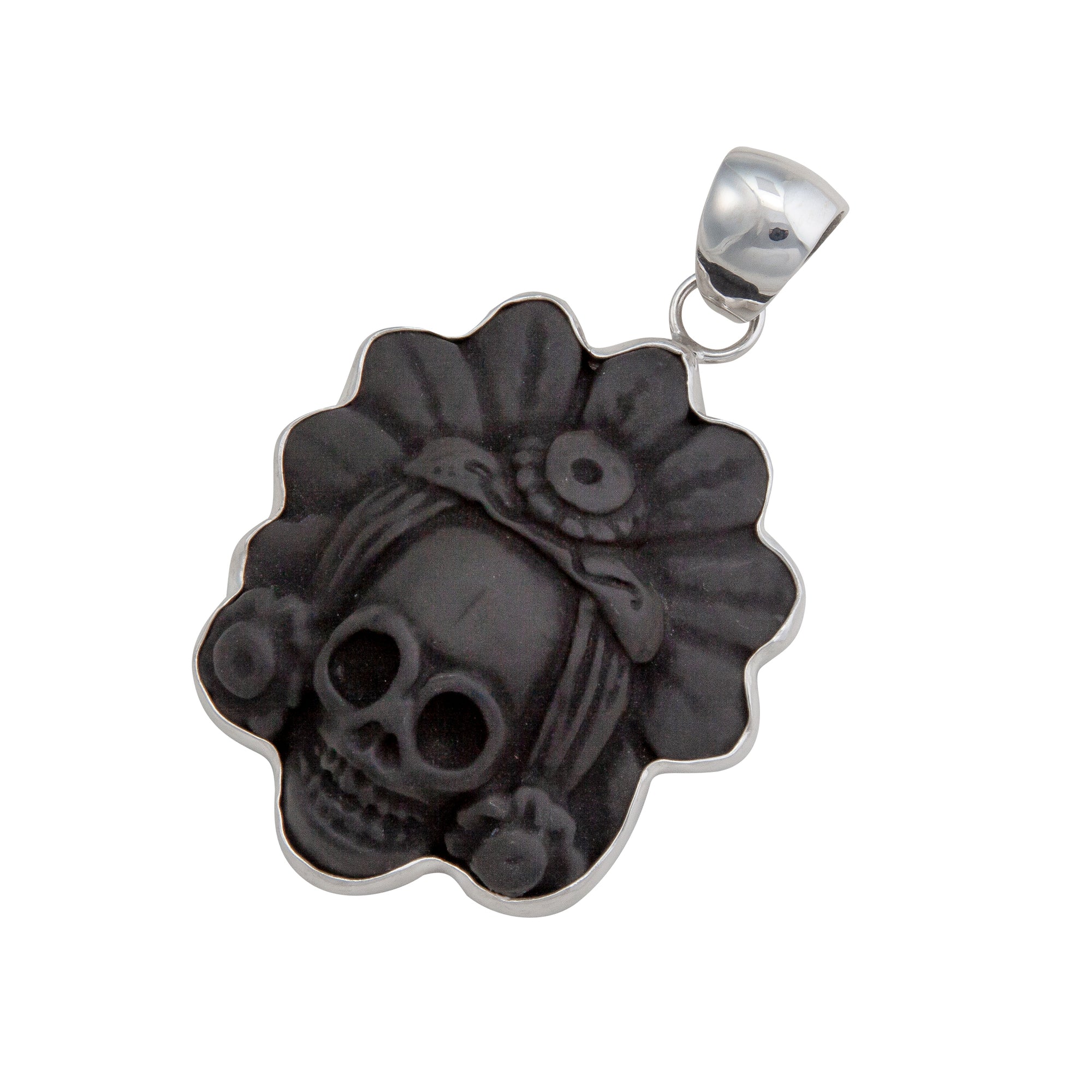 Sterling Silver Obsidian Skull with Headdress Pendant | Charles Albert Jewelry