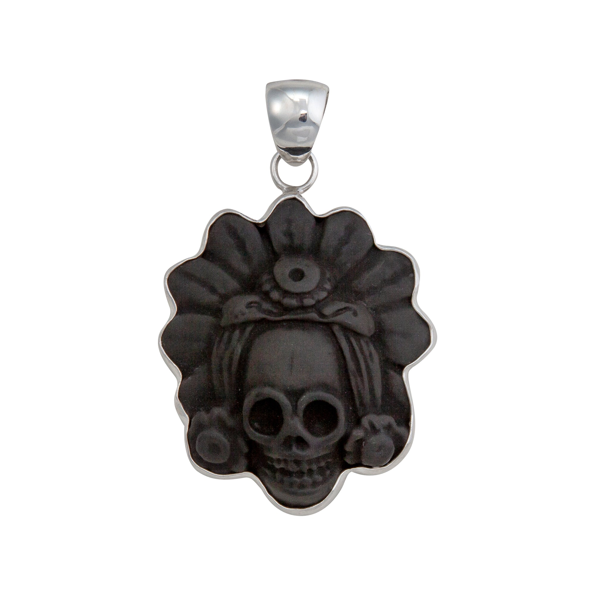 Sterling Silver Obsidian Skull with Headdress Pendant | Charles Albert Jewelry