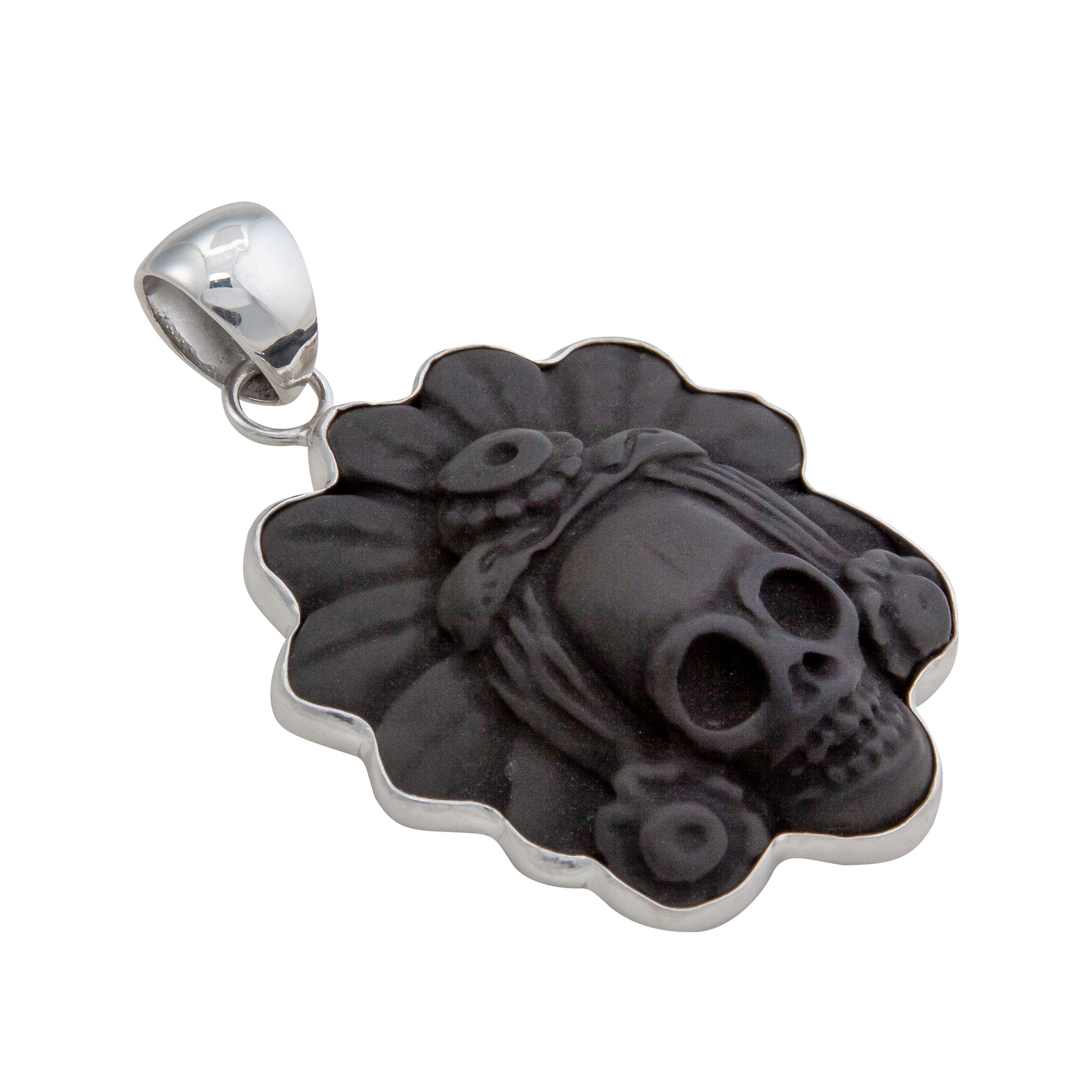 Sterling Silver Obsidian Skull with Headdress Pendant | Charles Albert Jewelry