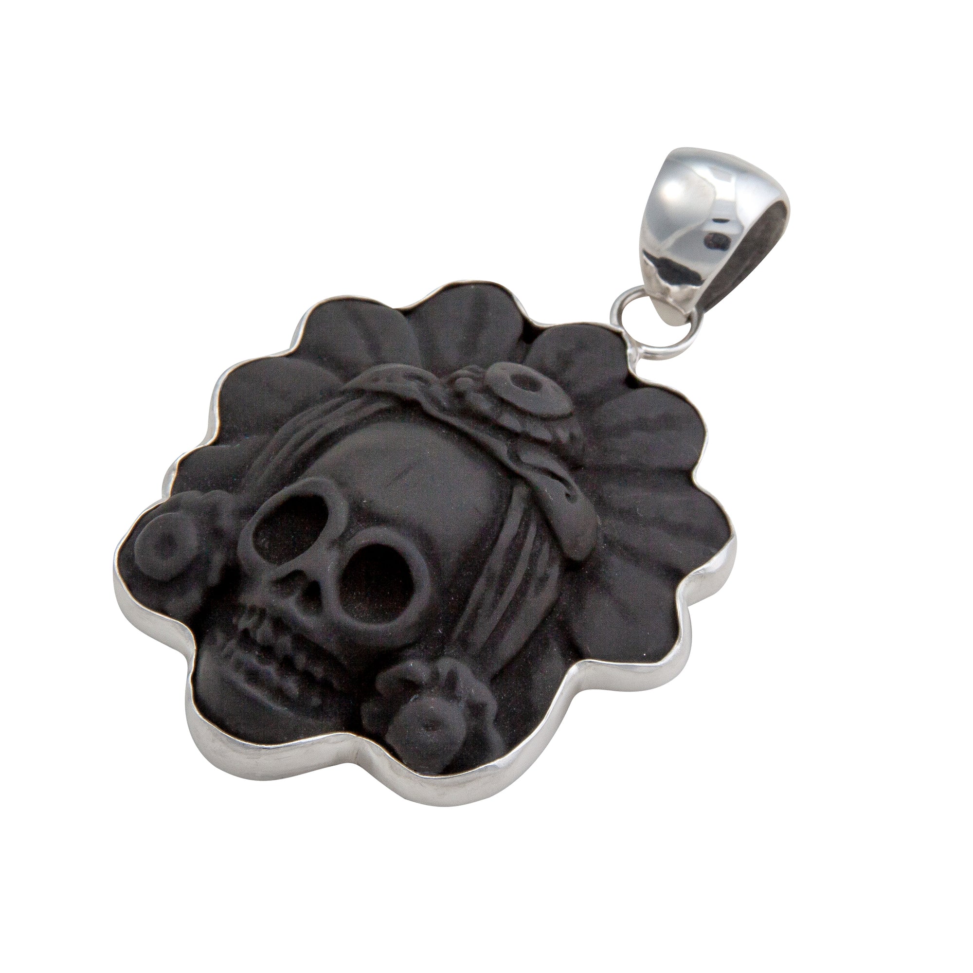 Sterling Silver Obsidian Skull with Headdress Pendant | Charles Albert Jewelry