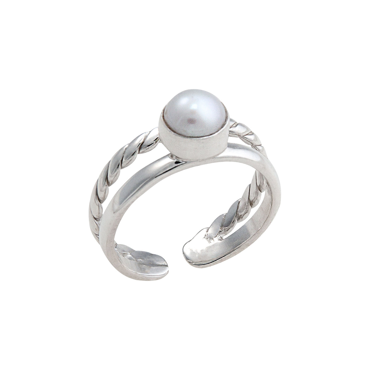 Sterling Silver Pearl High Polished and Twisted Adjustable Cuff Ring | Charles Albert Jewelry