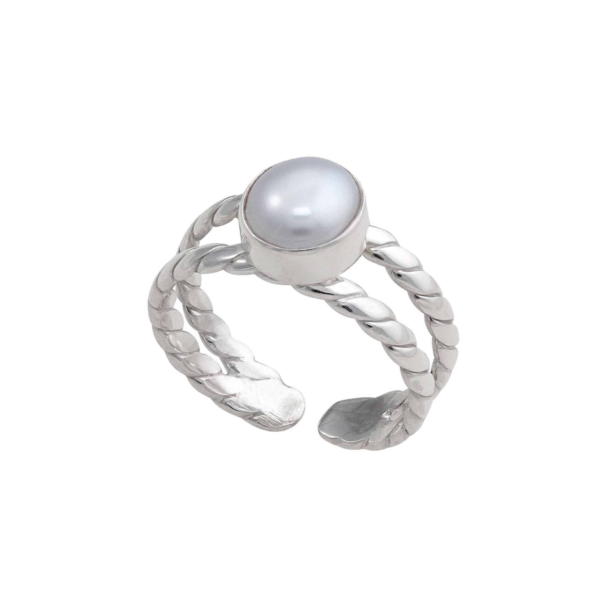 Sterling Silver Pearl Twisted Adjustable Cuff Ring | Charles Albert Jewelry