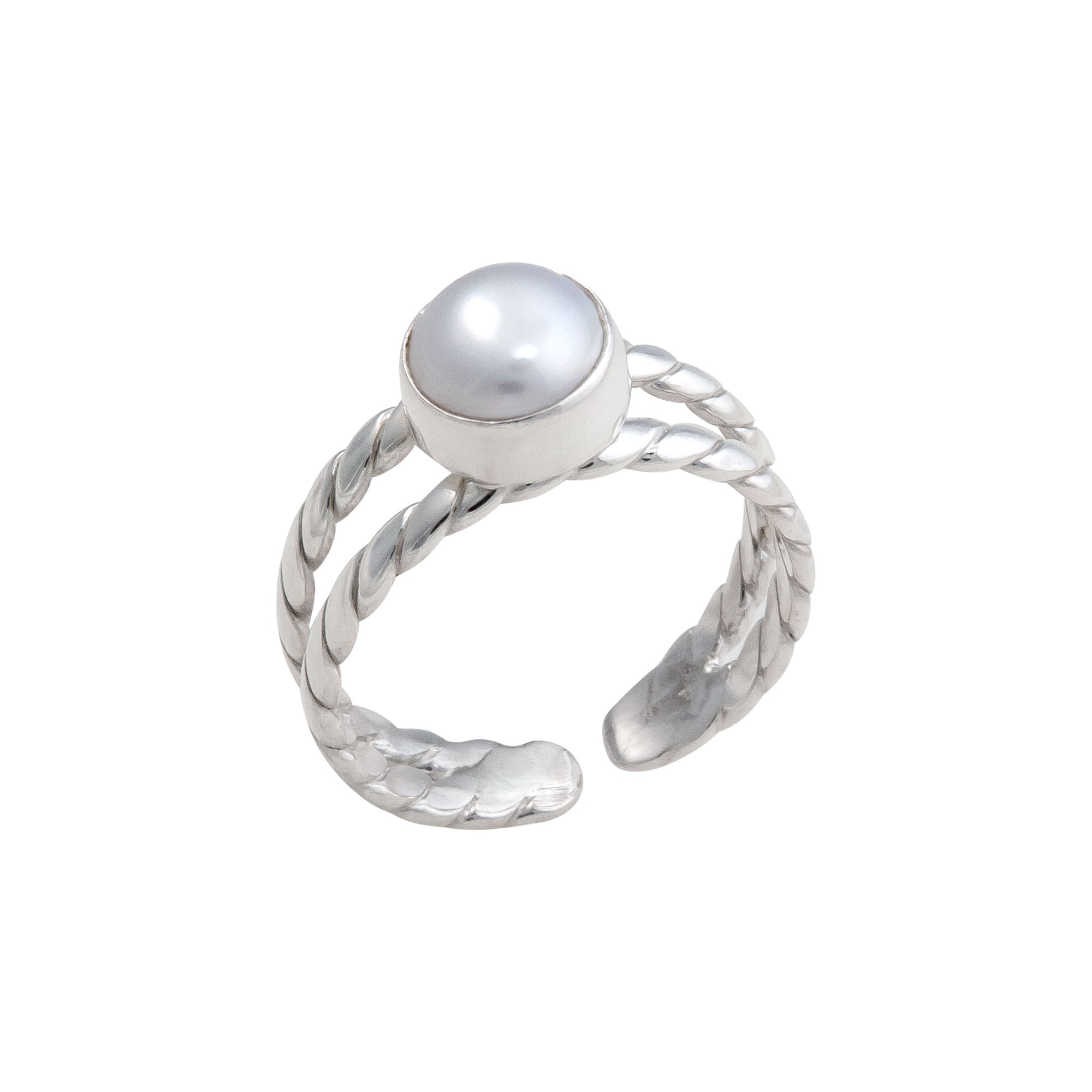 Sterling Silver Pearl Twisted Adjustable Cuff Ring | Charles Albert Jewelry