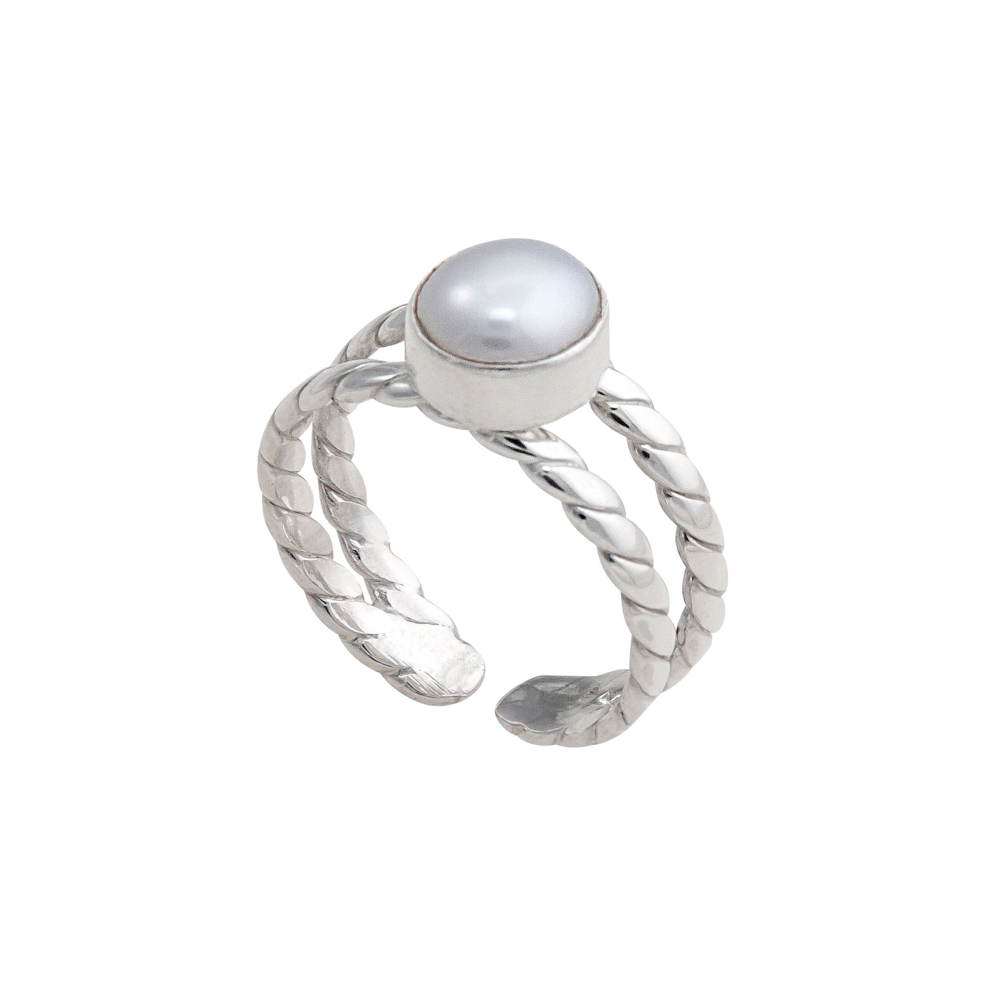 Sterling Silver Pearl Twisted Adjustable Cuff Ring | Charles Albert Jewelry