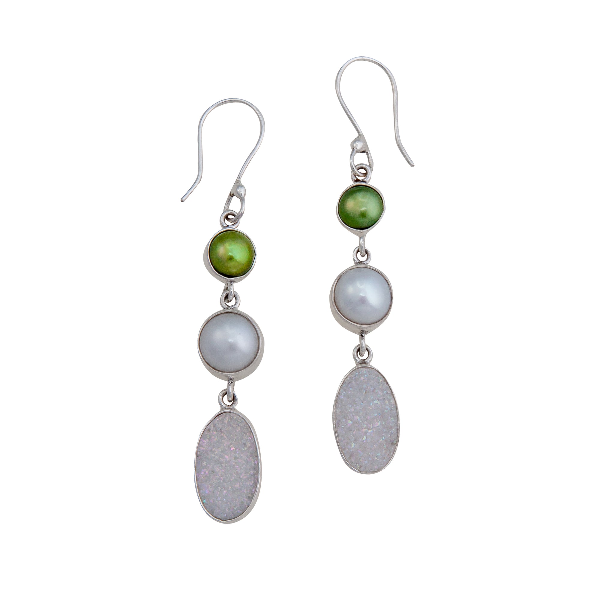 Sterling Silver Pearl and White Druse Drop Earrings | Charles Albert Jewelry