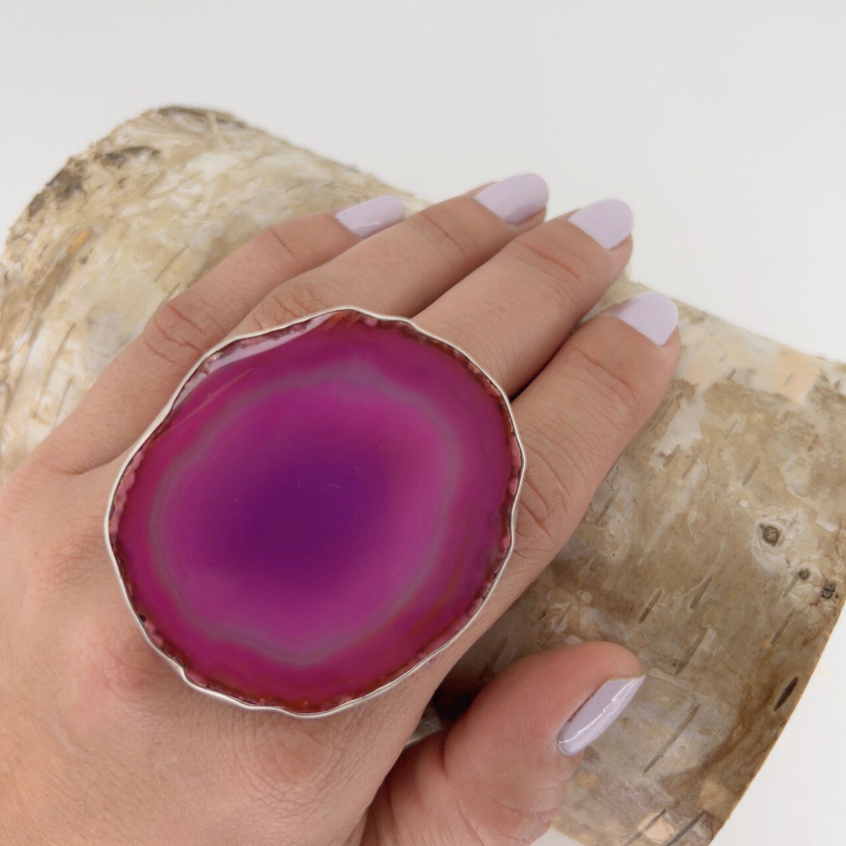Sterling Silver Pink Agate Slice Adjustable Ring - Style #1 | Charles Albert Jewelry