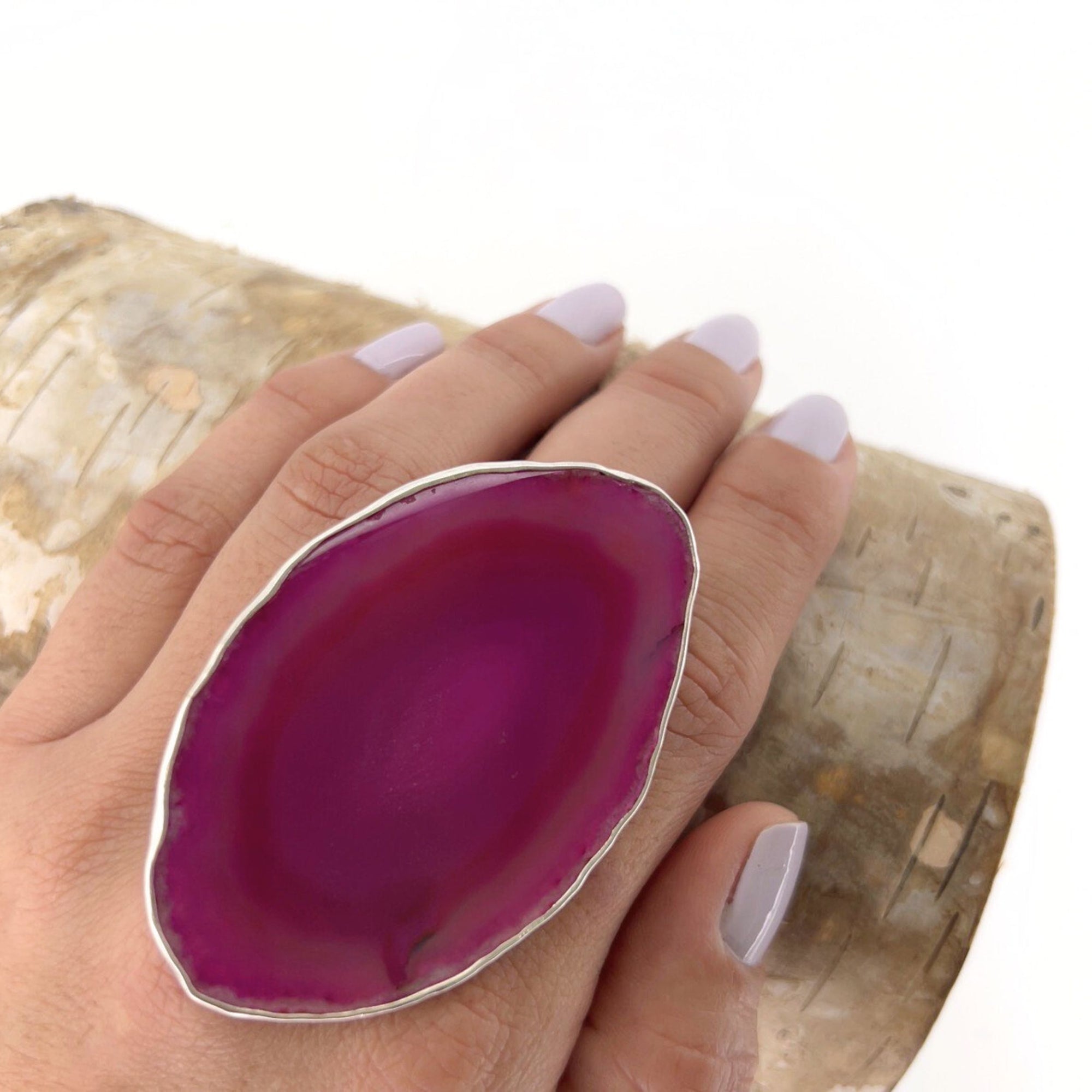 Sterling Silver Pink Agate Slice Adjustable Ring - Style #12 | Charles Albert Jewelry