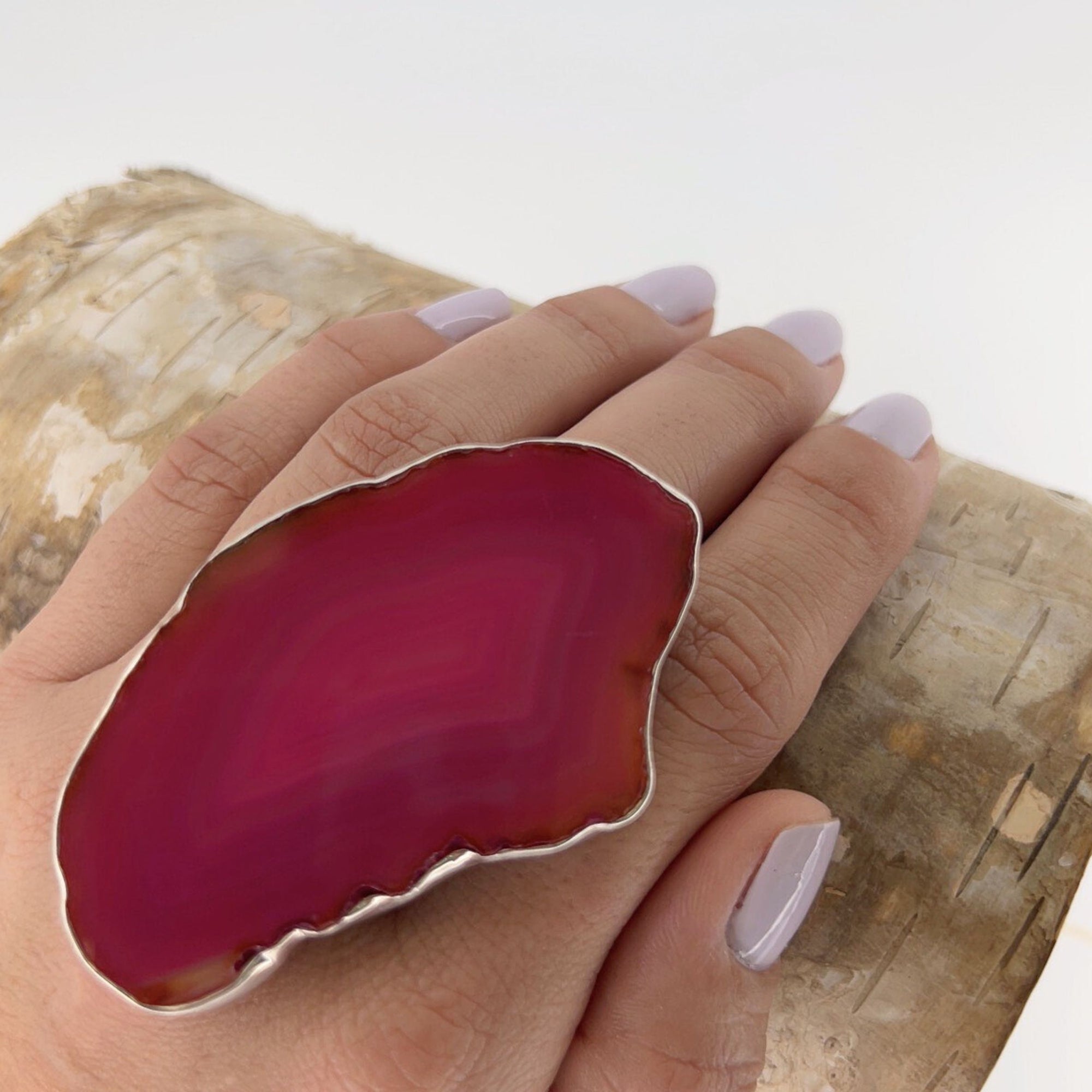 Sterling Silver Pink Agate Slice Adjustable Ring - Style #9 | Charles Albert Jewelry