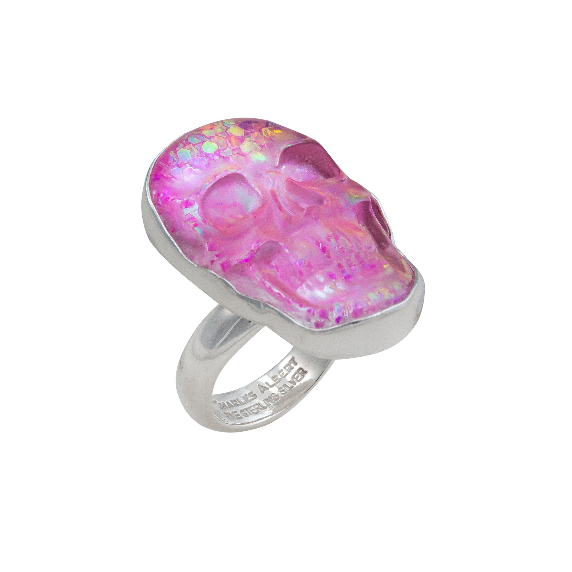 Sterling Silver Pink Glitter Skull Quartz Ring | Charles Albert Jewelry