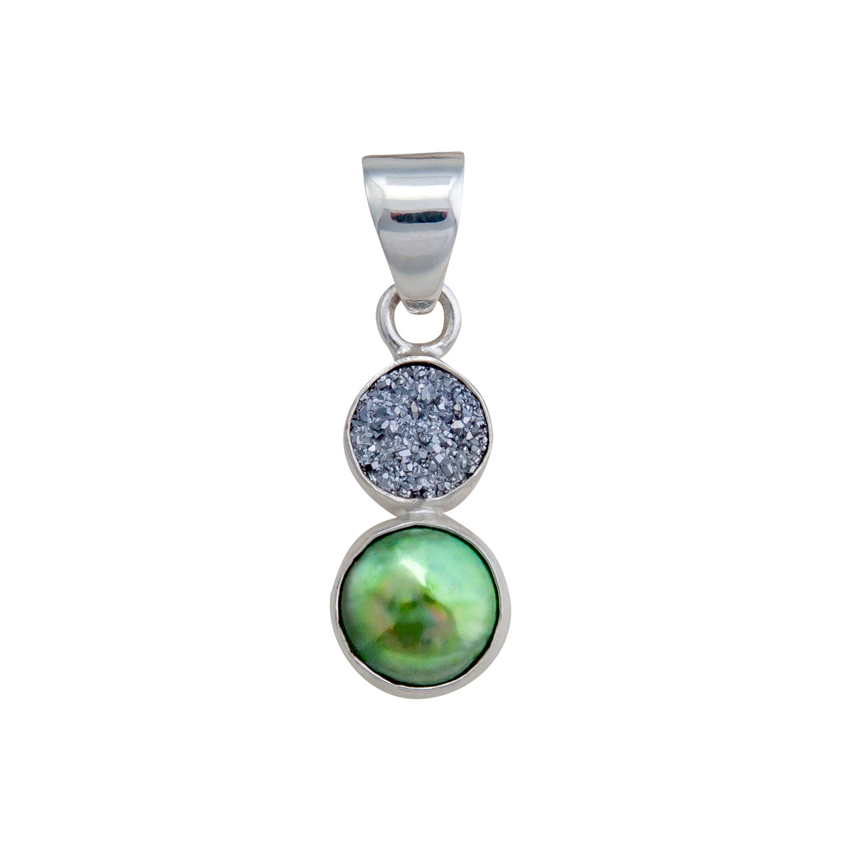 Sterling Silver Platinum Druzy &amp; Green Pearl Pendant | Charles Albert Jewelry