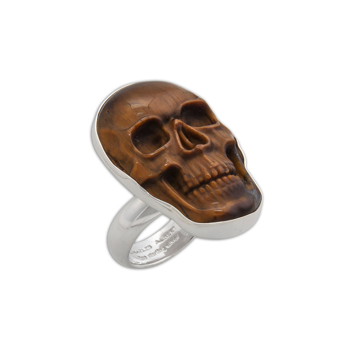 Sterling Silver Small Skull Adjustable Ring - Tiger Eye | Charles Albert Jewelry