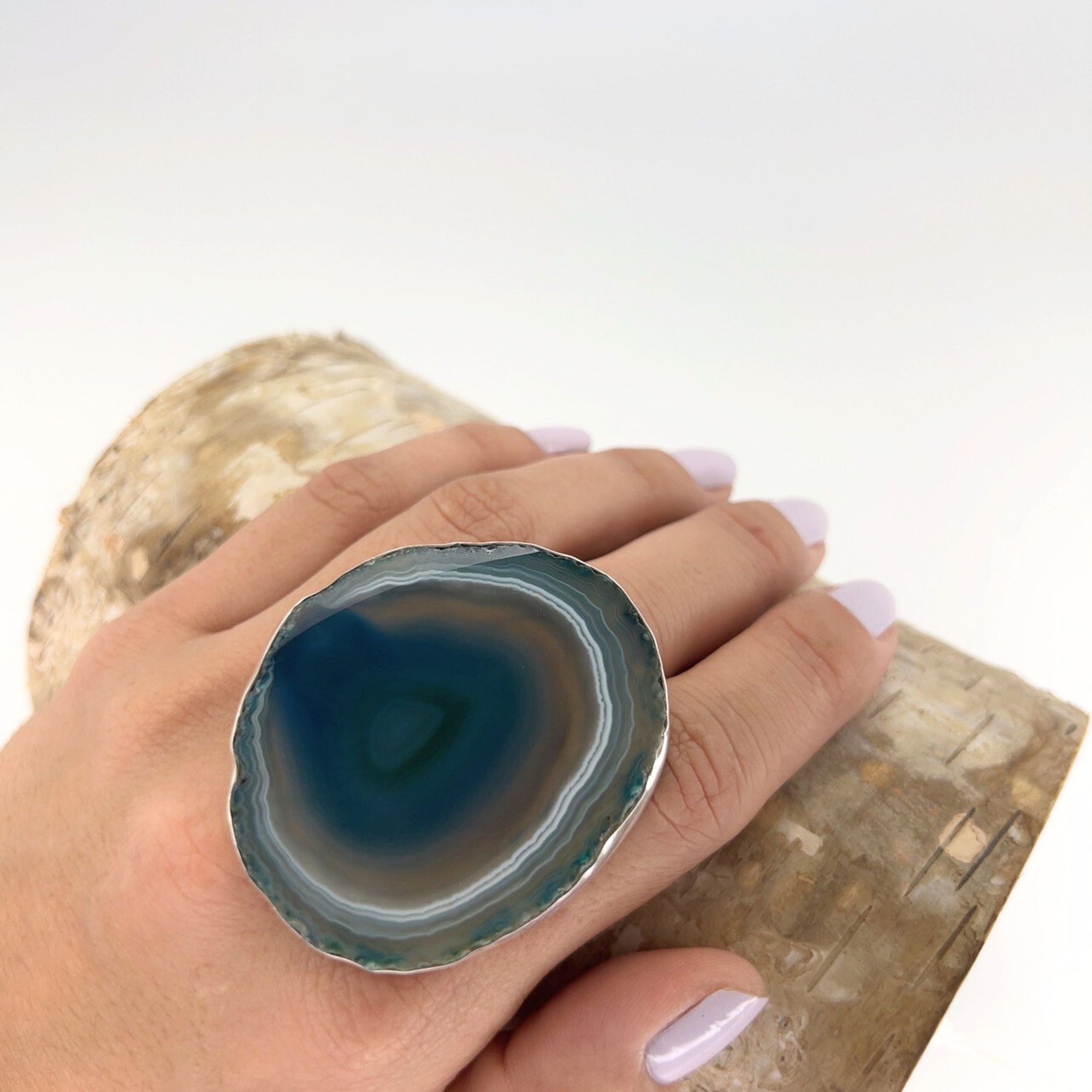 Sterling Silver Teal Agate Slice Adjustable Ring - Style #3 | Charles Albert Jewelry