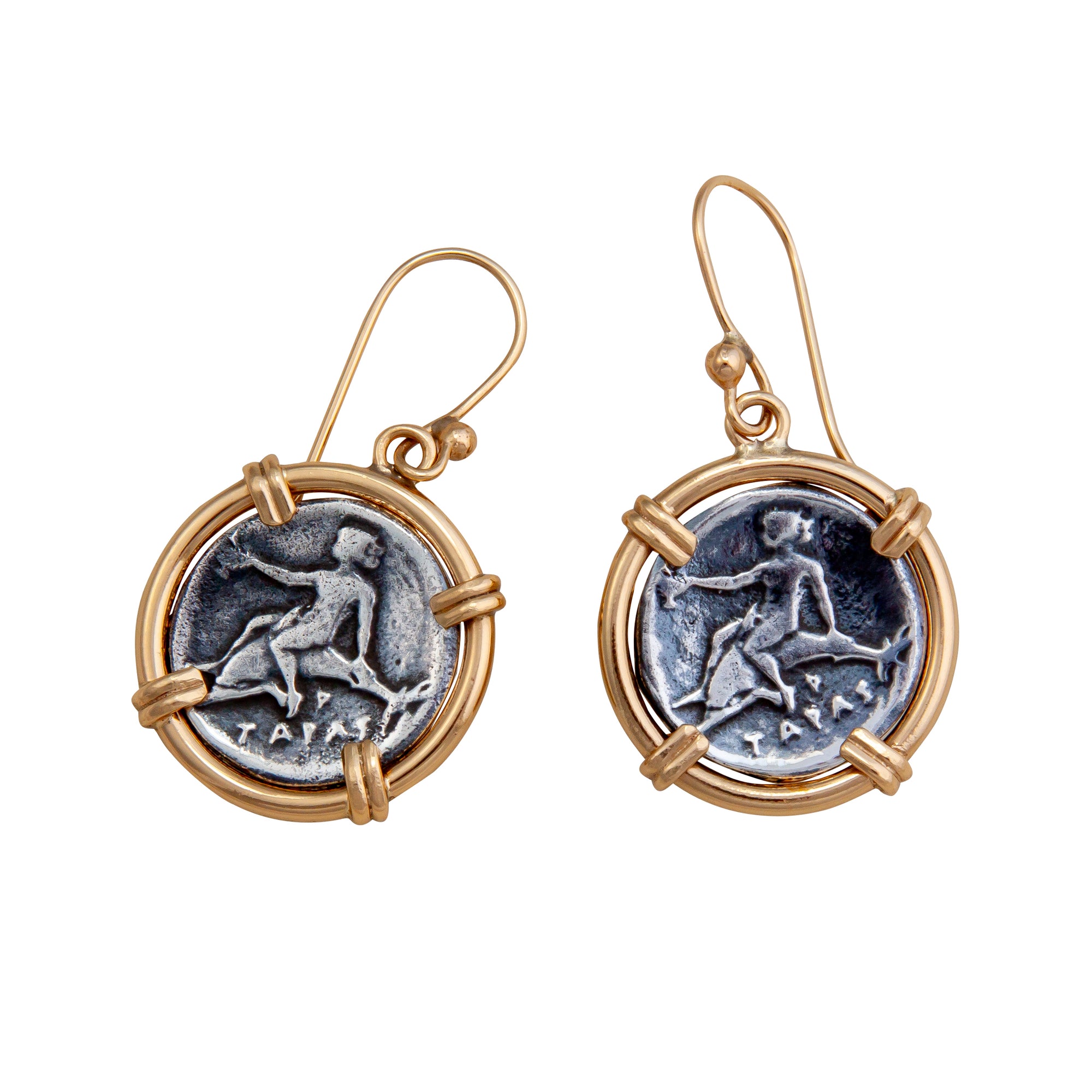 Sterling Silver and Alchemia Boy on Dolphin Replica Coin Prong Drop Earrings | Charles Albert Jewelry