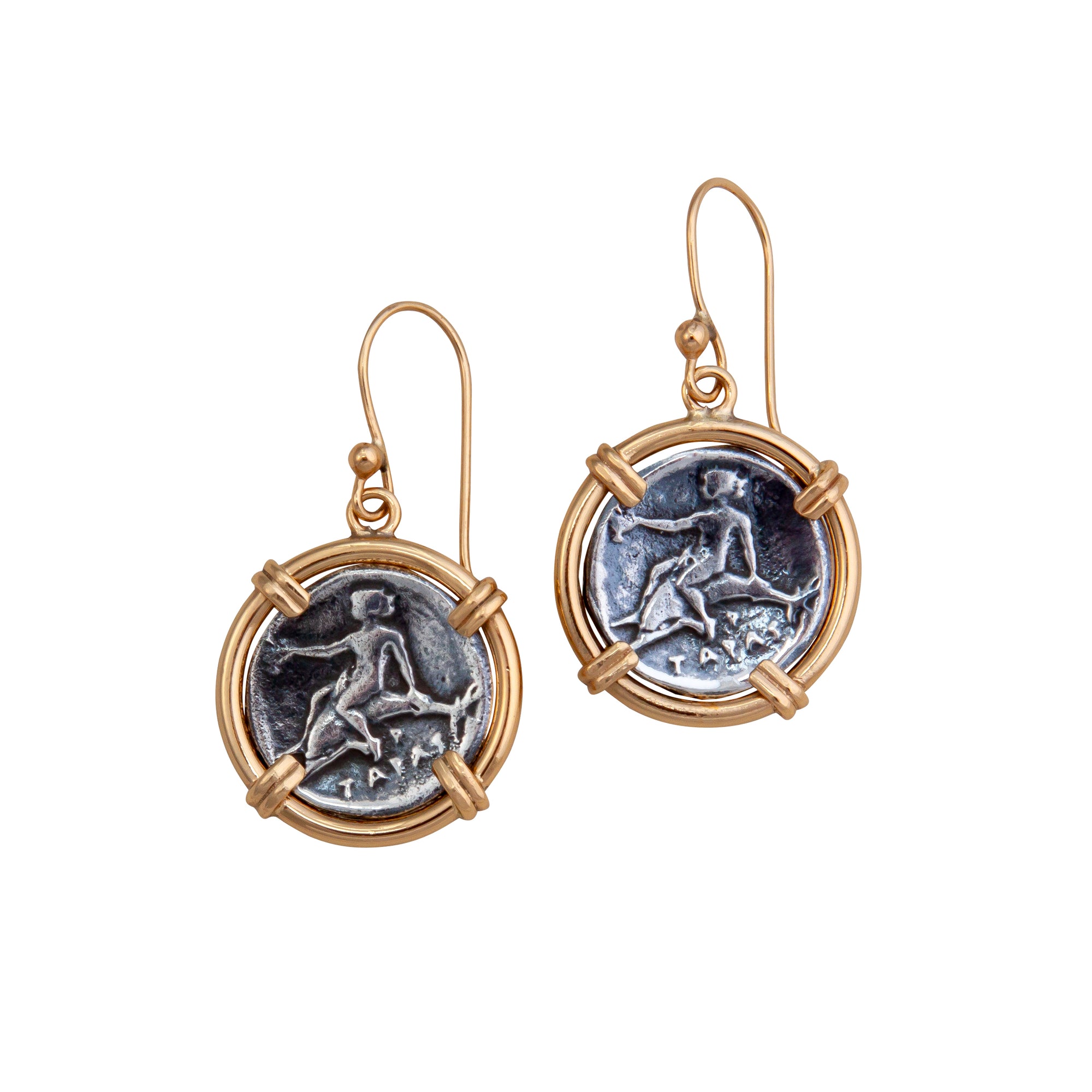 Sterling Silver and Alchemia Boy on Dolphin Replica Coin Prong Drop Earrings | Charles Albert Jewelry