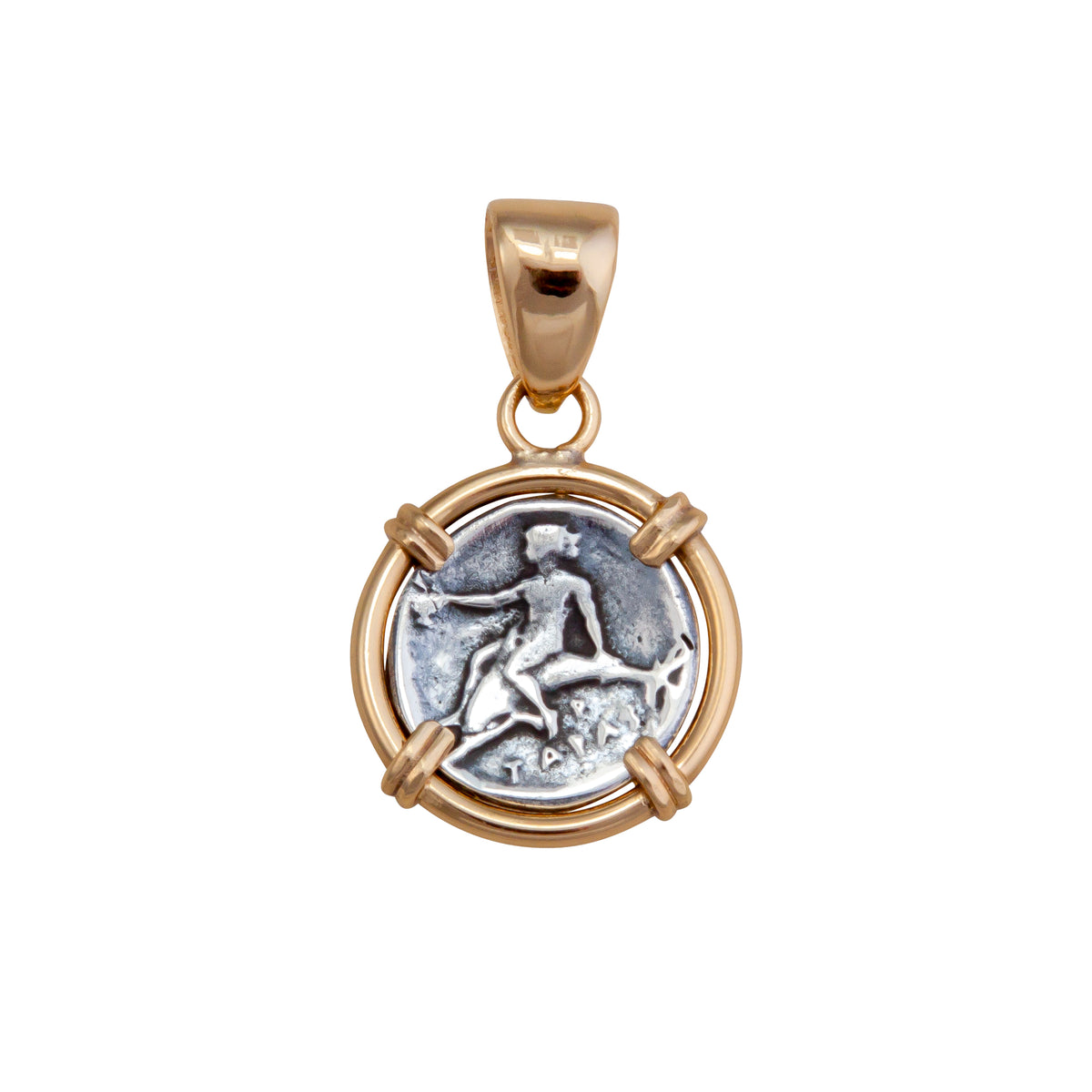 Sterling Silver and Alchemia Boy on Dolphin Replica Coin Prong Pendant | Charles Albert Jewelry