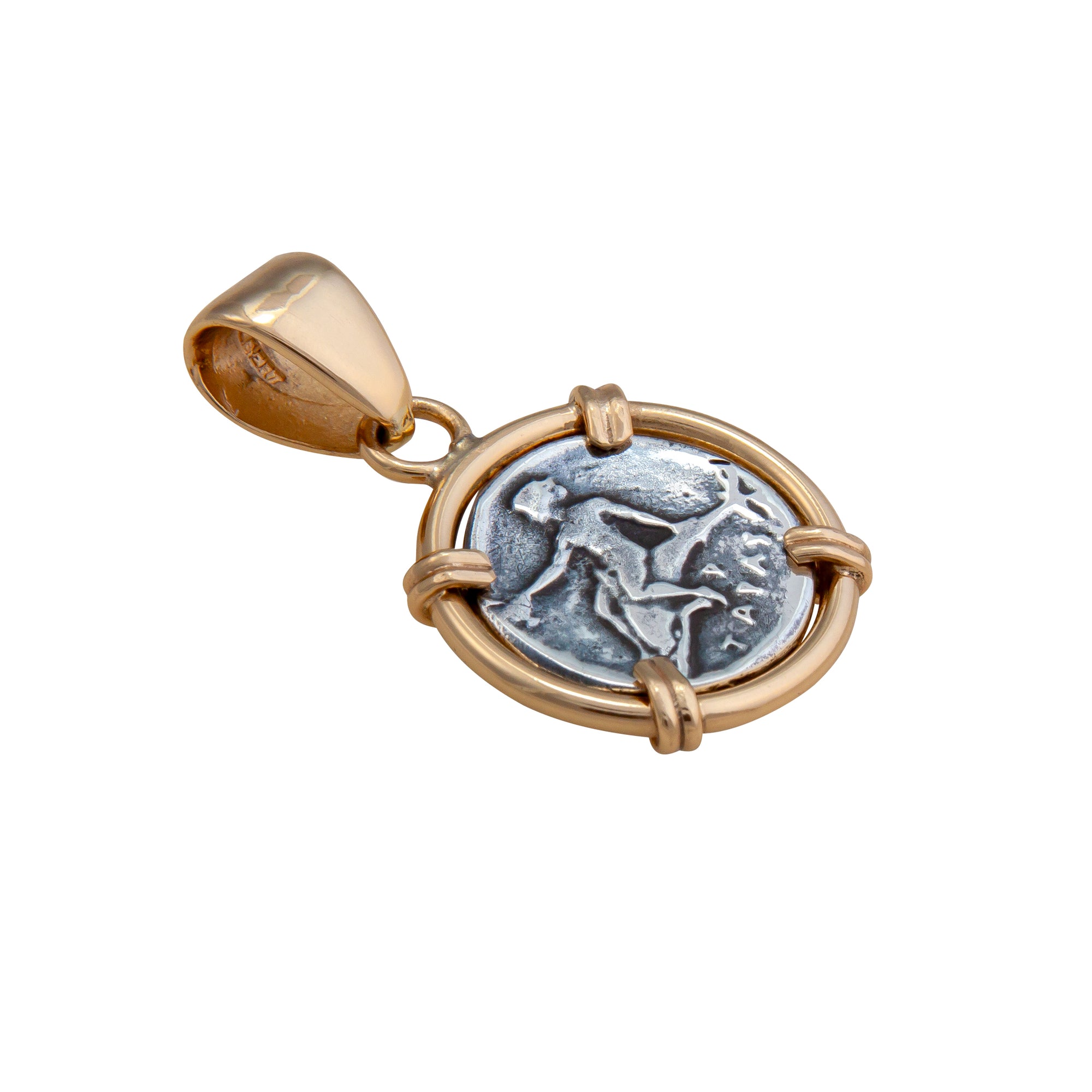 Sterling Silver and Alchemia Boy on Dolphin Replica Coin Prong Pendant | Charles Albert Jewelry