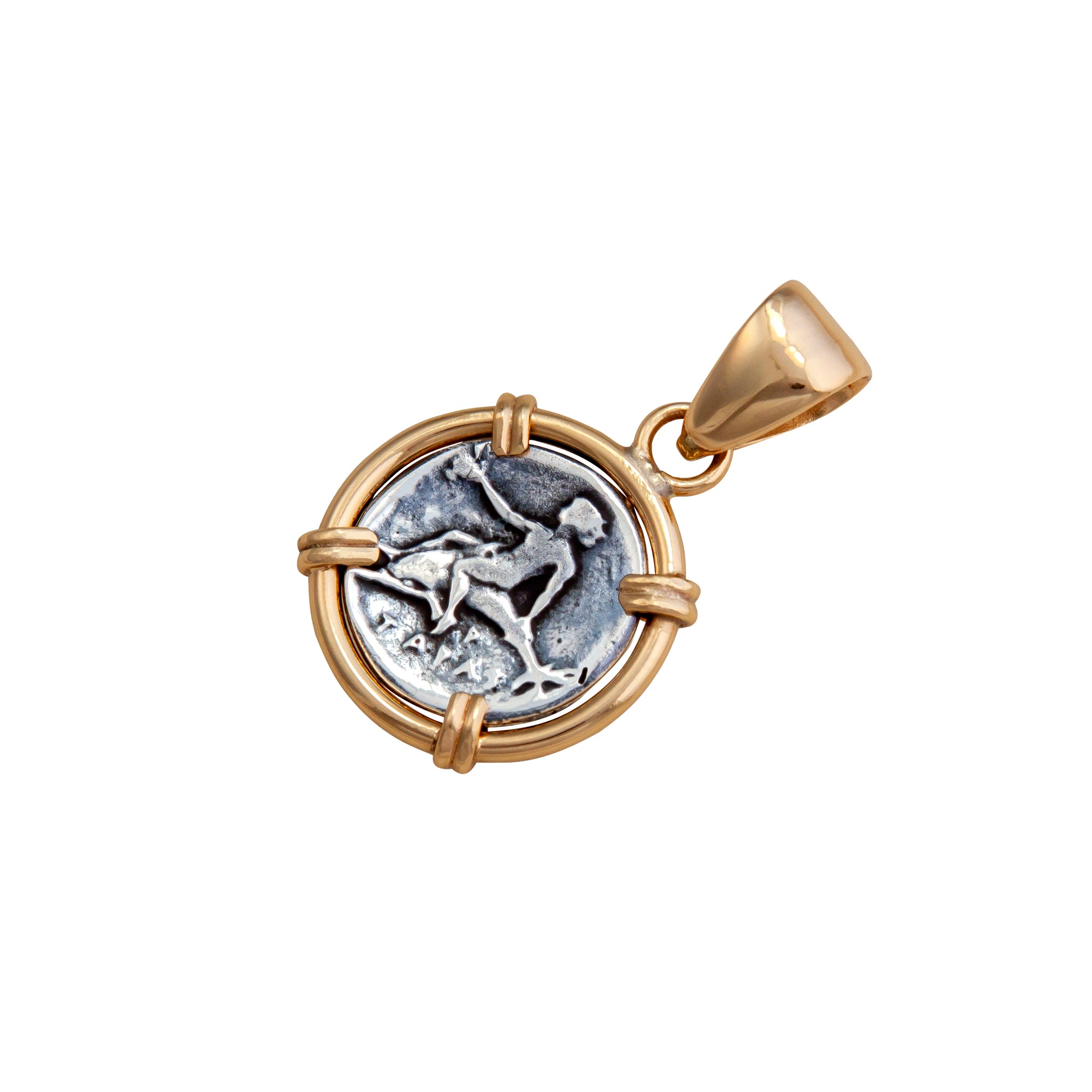 Sterling Silver and Alchemia Boy on Dolphin Replica Coin Prong Pendant | Charles Albert Jewelry