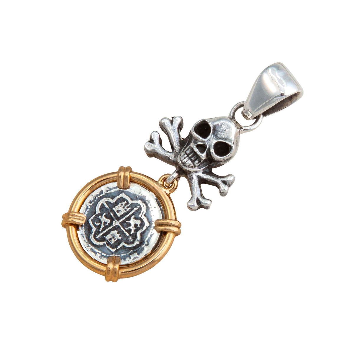 Sterling Silver and Alchemia Crossbones Skull and Replica Spanish Coin Pendant | Charles Albert Jewelry