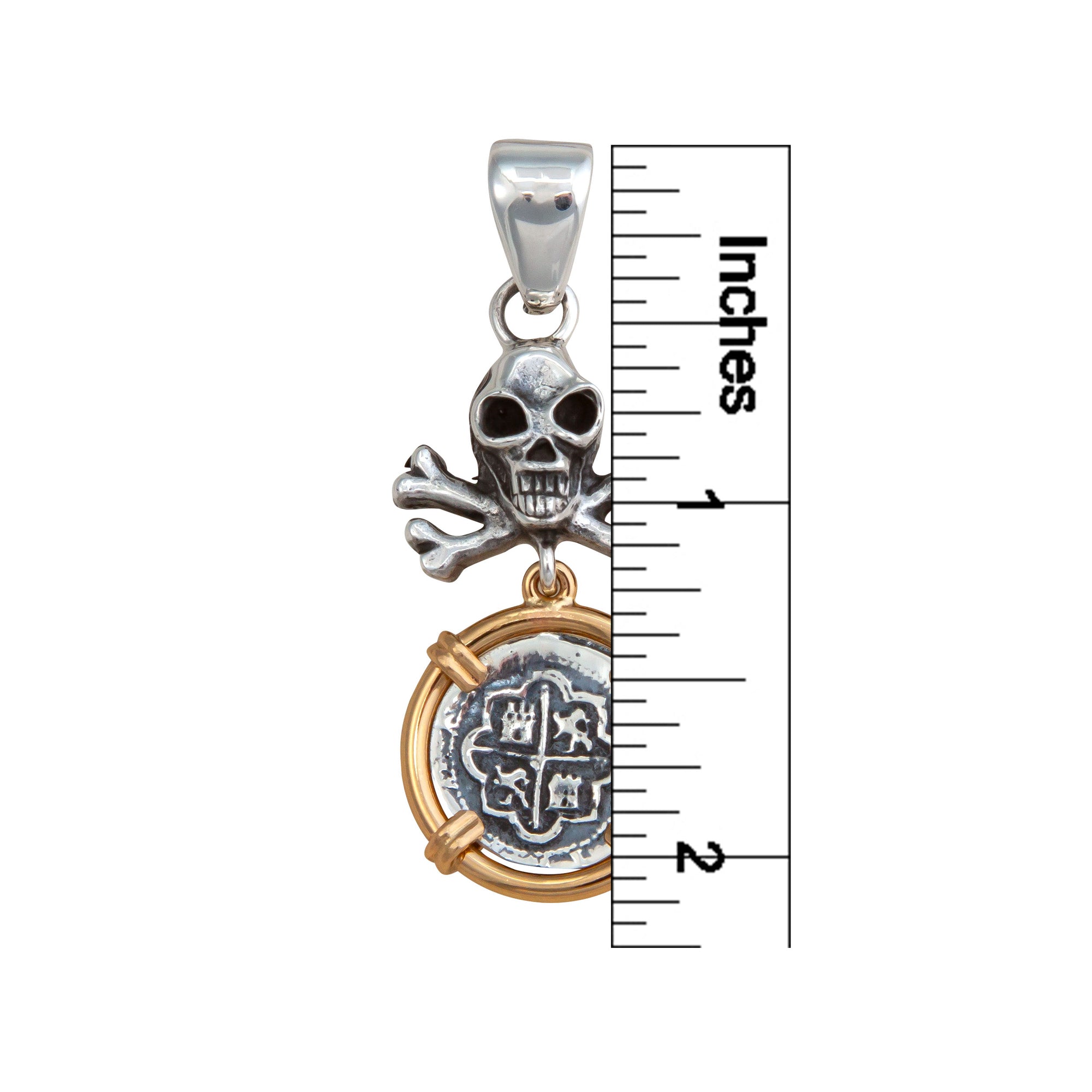 Sterling Silver and Alchemia Crossbones Skull and Replica Spanish Coin Pendant | Charles Albert Jewelry