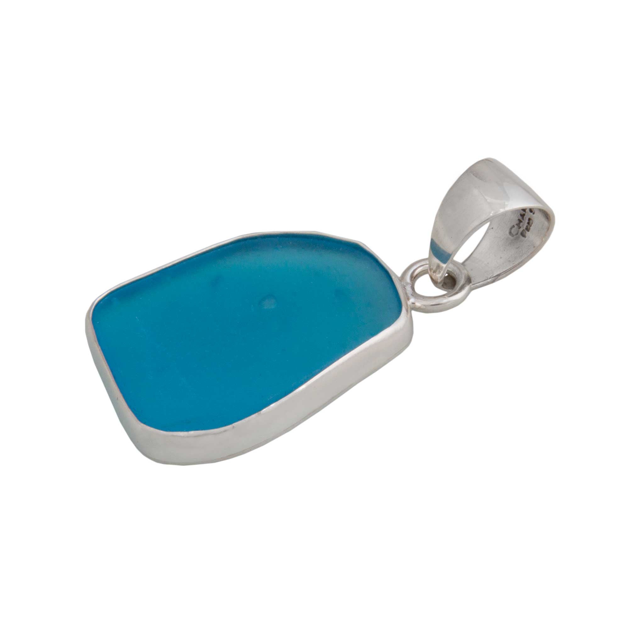 Sterling Silver Aqua Recycled Glass Pendant - Side View | Charles Albert Jewelry