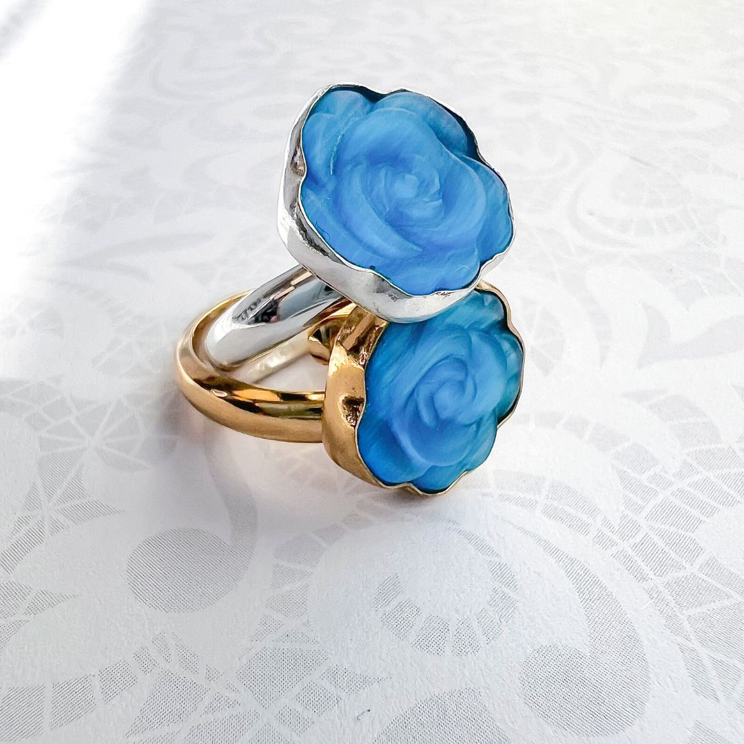Sterling Silver Blue Rose Fiber Optic Petite Adjustable Ring