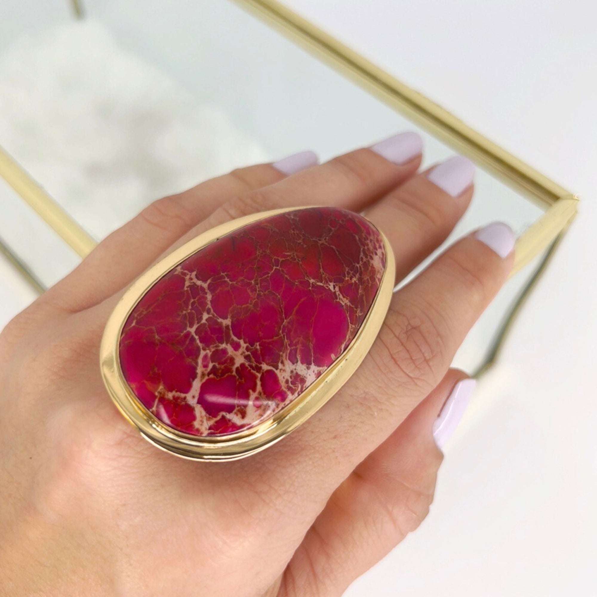 Alchemia Pink Color-Enhanced Jasper Adjustable Ring With Detailed Edge