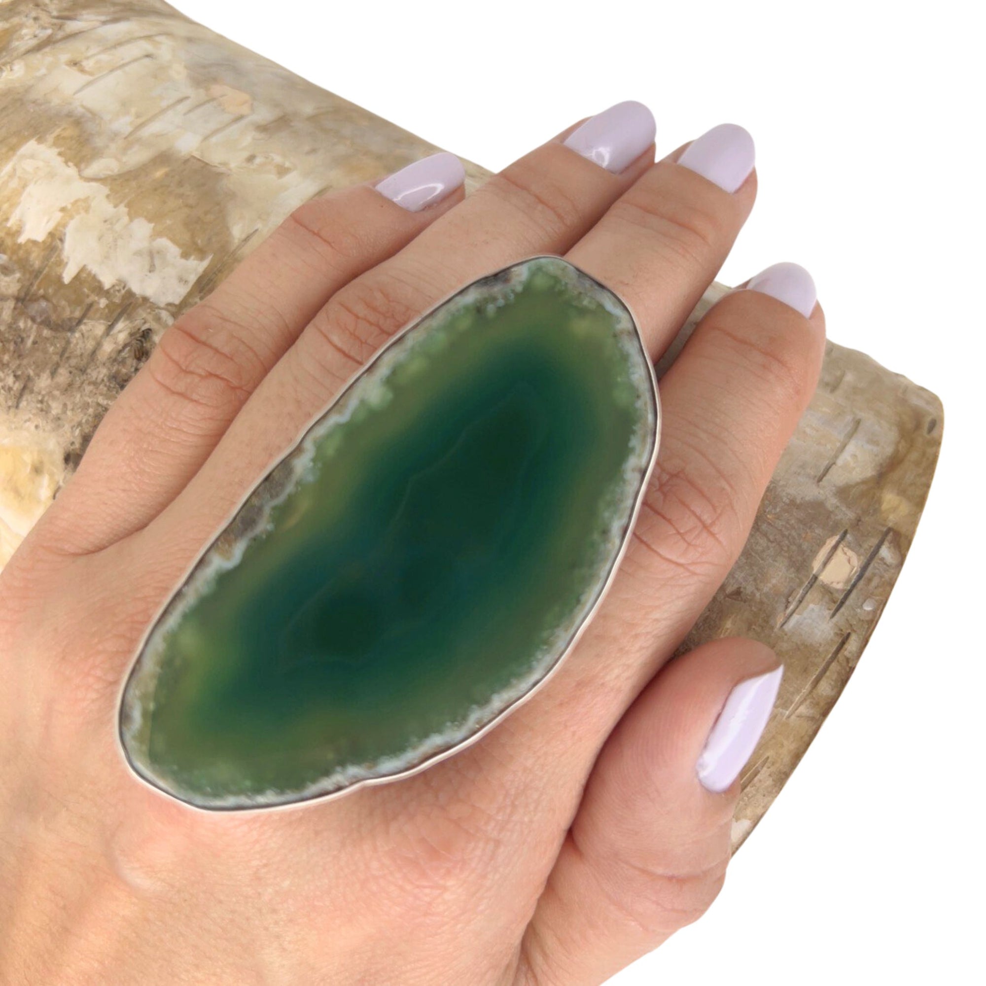 Sterling Silver Green Agate Slice Ring #5 | Charles Albert Jewelry