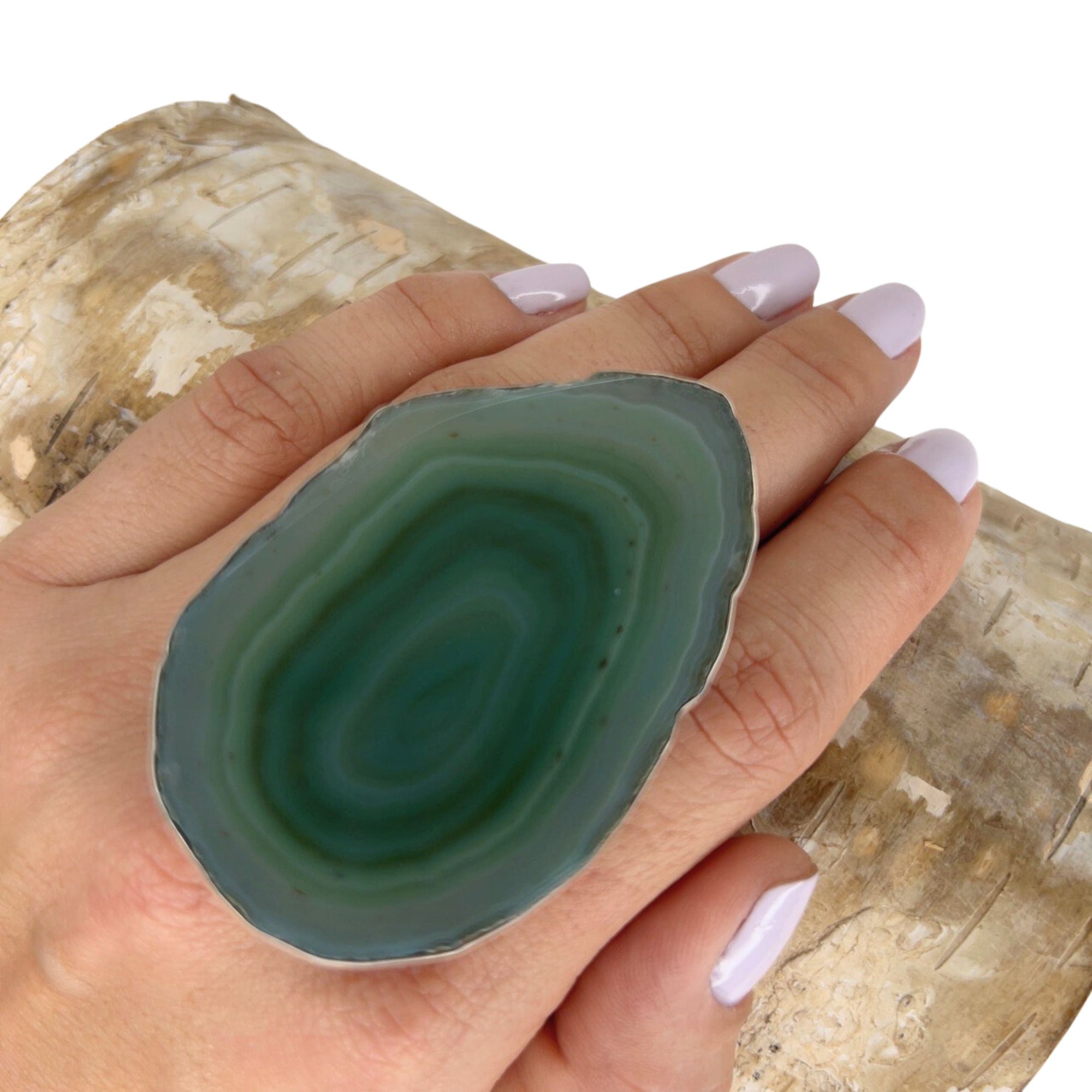 Sterling Silver Green Agate Slice Ring #6 | Charles Albert Jewelry