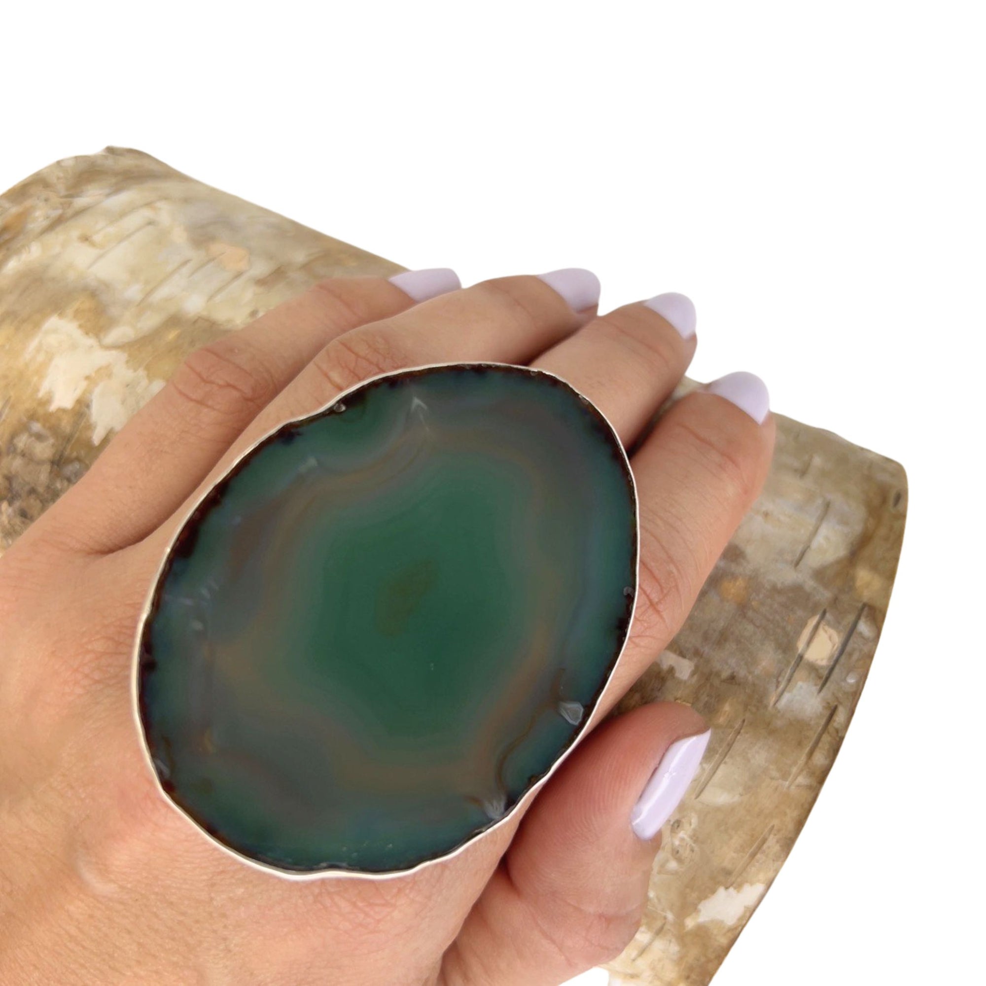 Sterling Silver Green Agate Slice Ring #8 | Charles Albert Jewelry