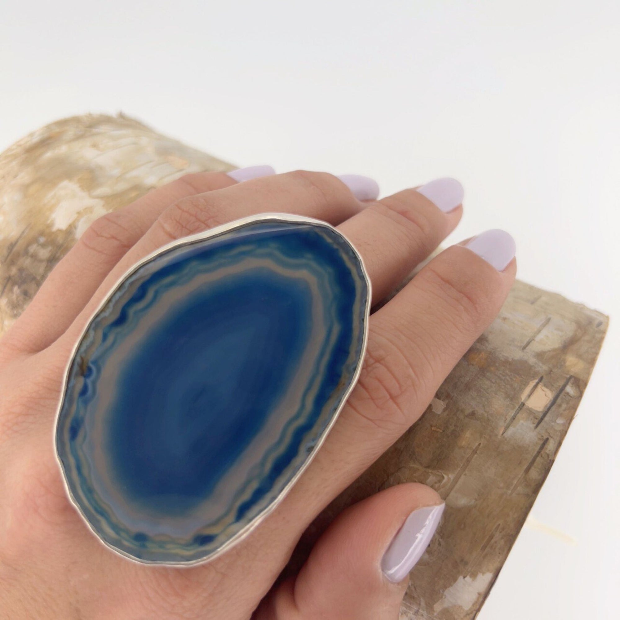 Sterling Silver Blue Agate Slice Ring #2 | Charles Albert Jewelry