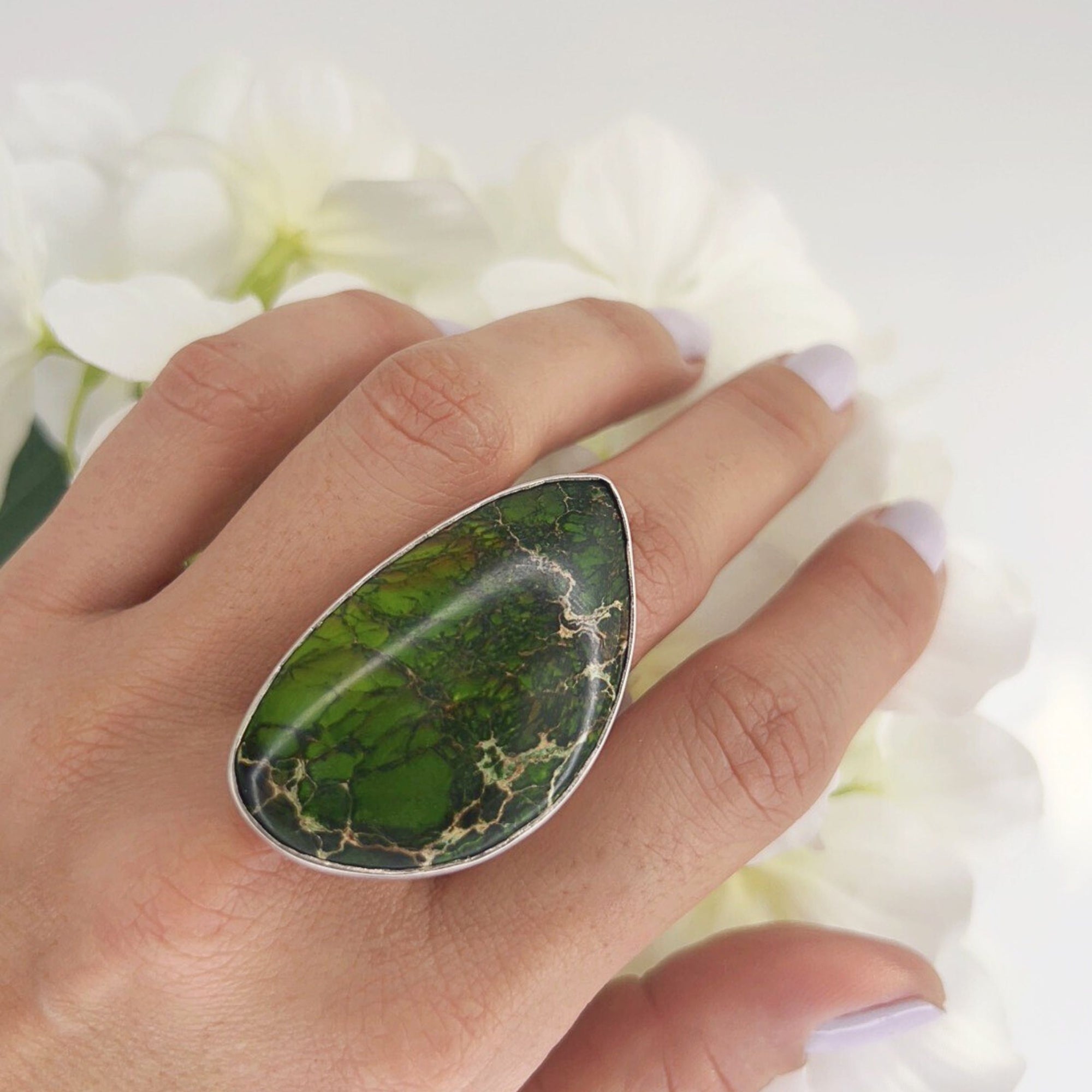 Sterling Silver Medium #10 Green Jasper Ring | Charles Albert Jewelry