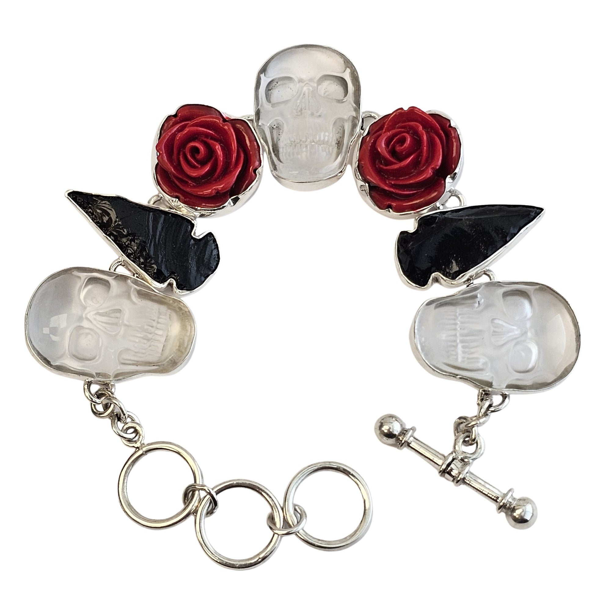 Sterling Silver Skull, Arrowhead and Red Rose Bracelet | Charles Albert Jewelry