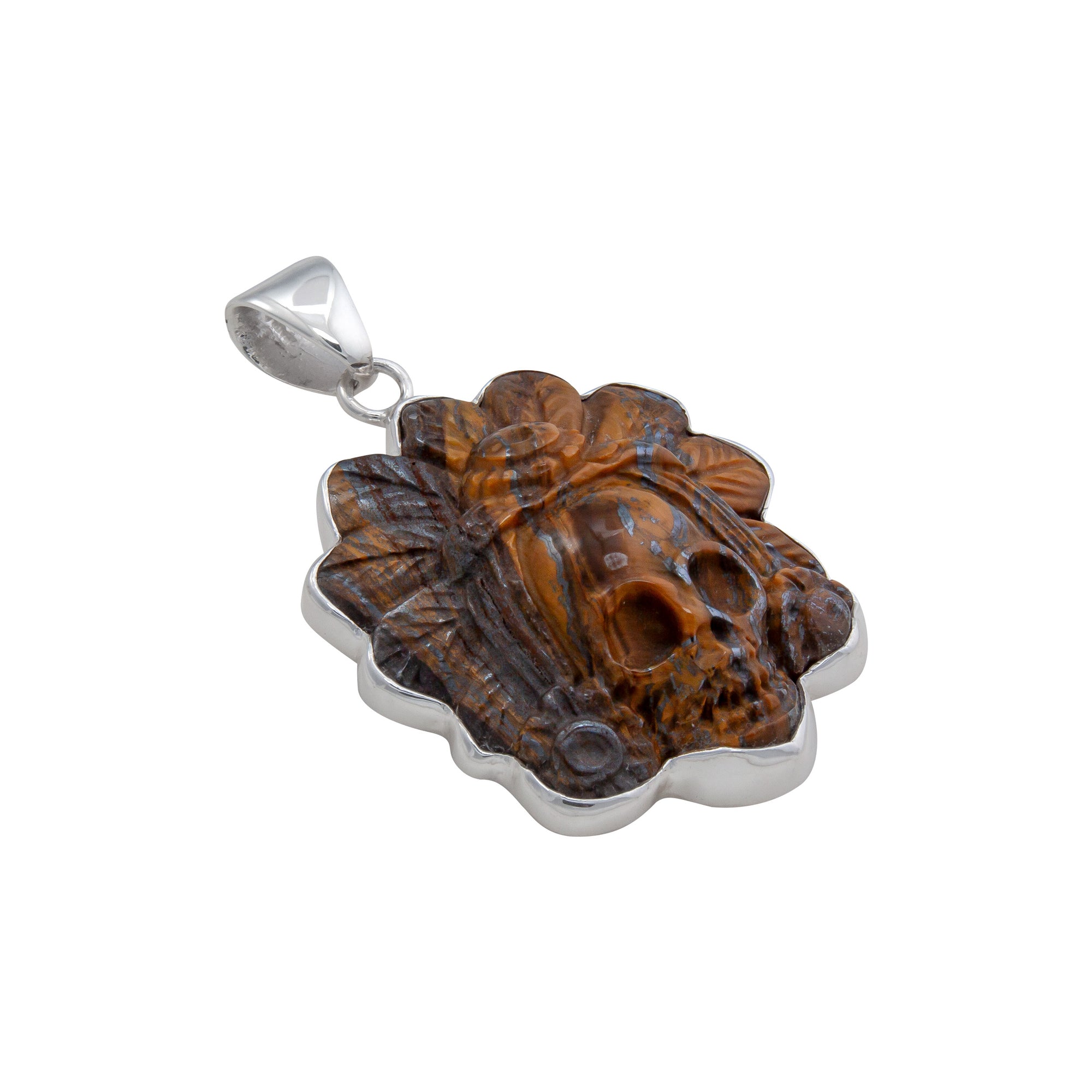 Sterling Silver Tiger Eye Headdress Skull Pendant | Charles Albert Jewelry