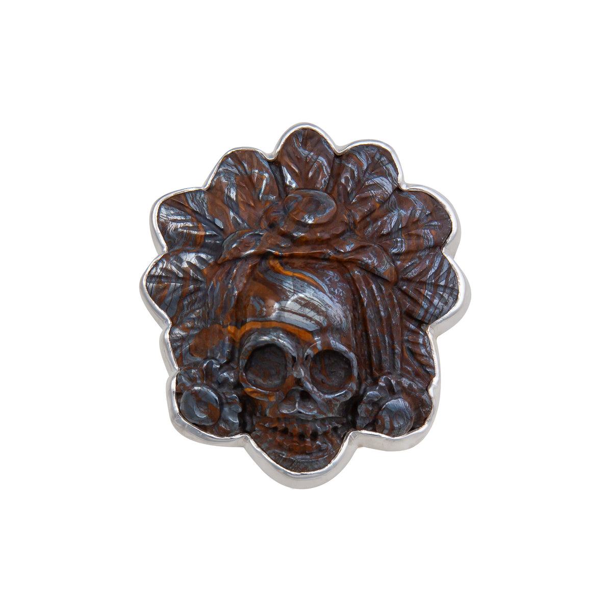 Sterling Silver Tiger Eye Headdress Skull Adjustable Ring | Charles Albert Jewelry