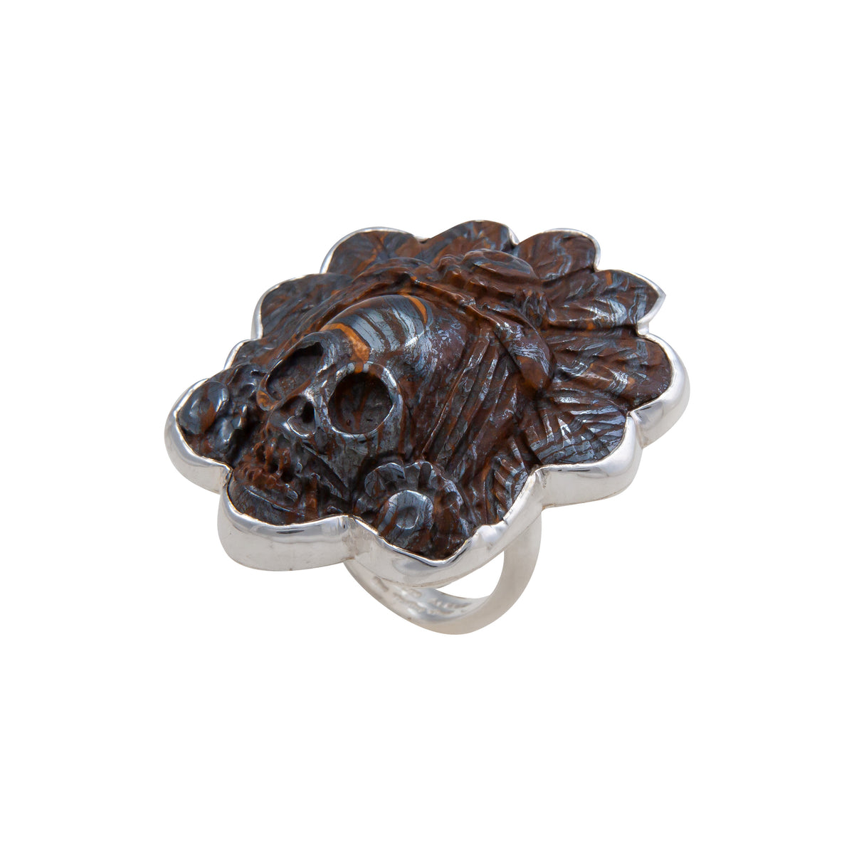 Sterling Silver Tiger Eye Headdress Skull Adjustable Ring | Charles Albert Jewelry