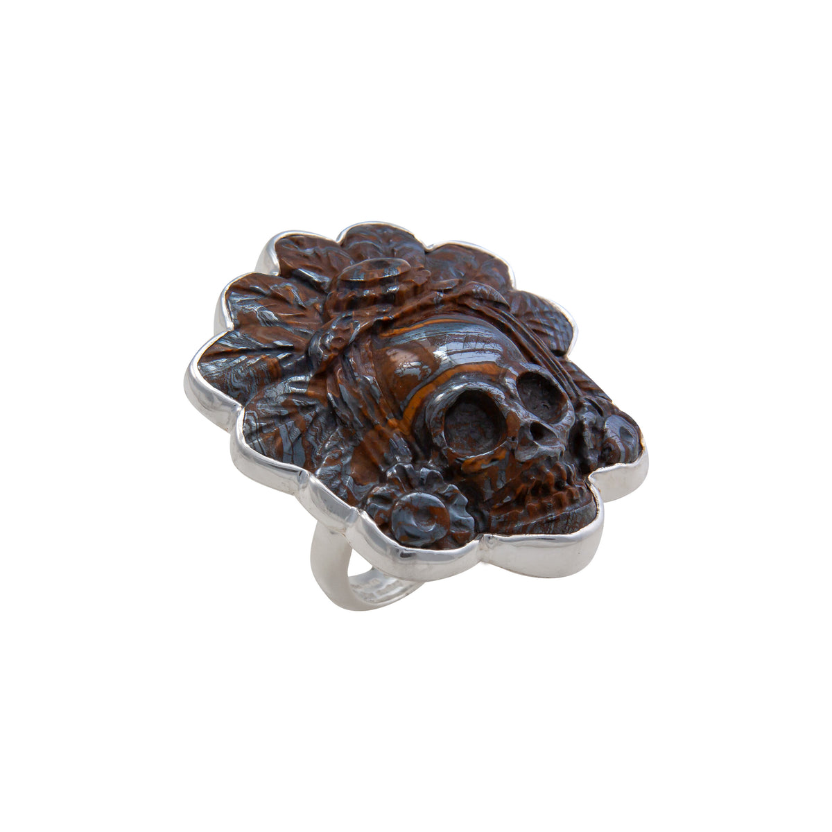 Sterling Silver Tiger Eye Headdress Skull Adjustable Ring | Charles Albert Jewelry