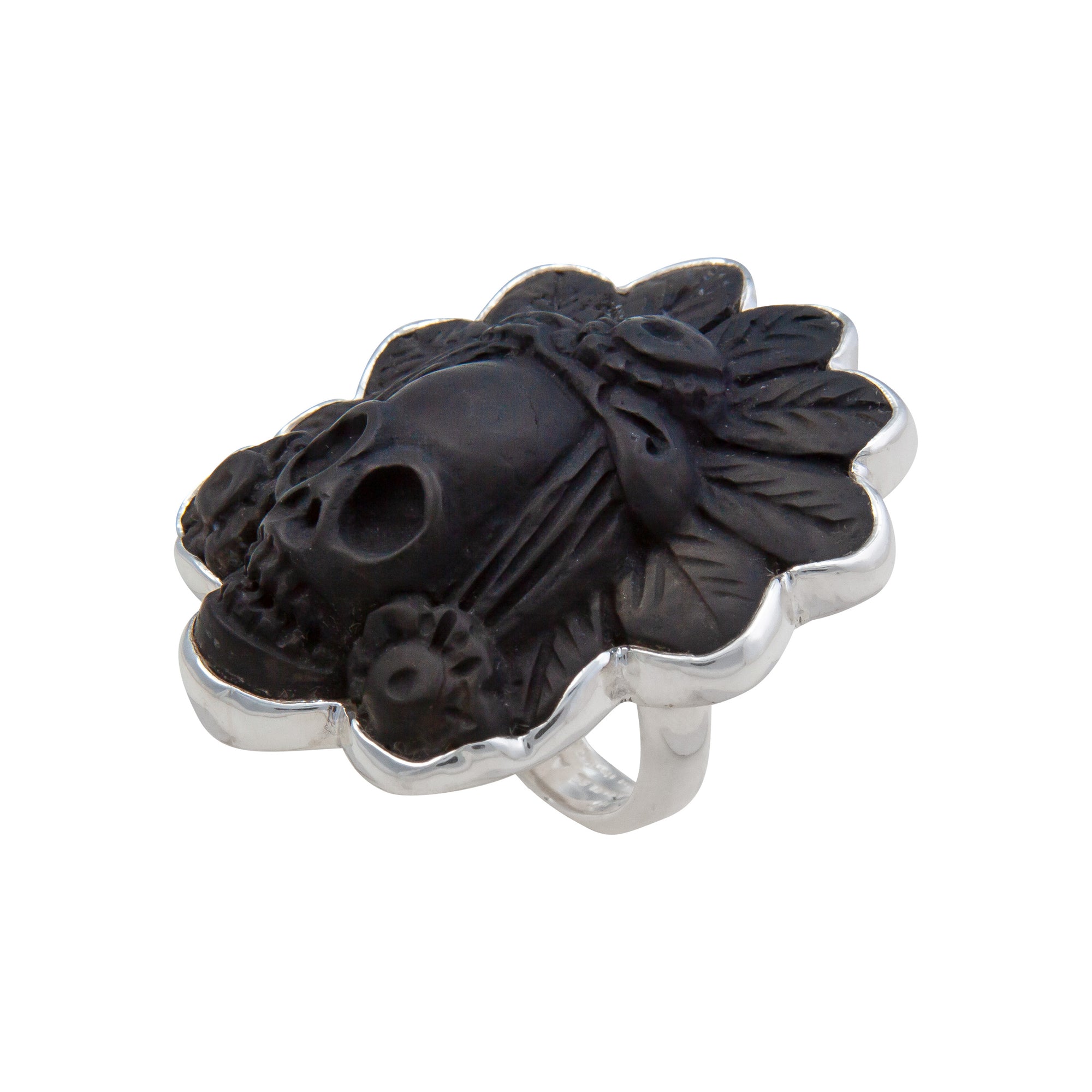 Sterling Silver Obsidian Headdress Skull Adjustable Ring