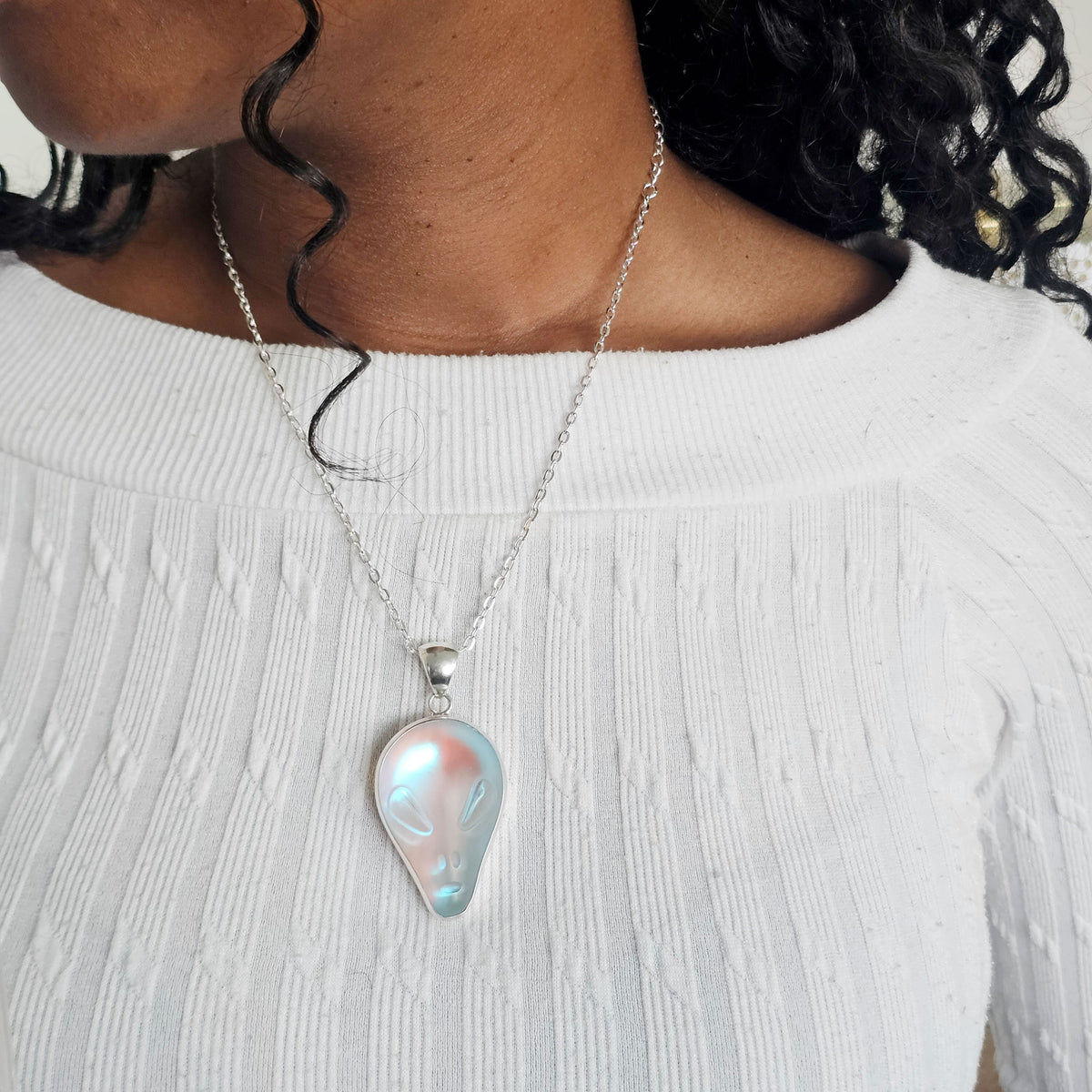 Sterling Silver Luminite Alien Face Pendant