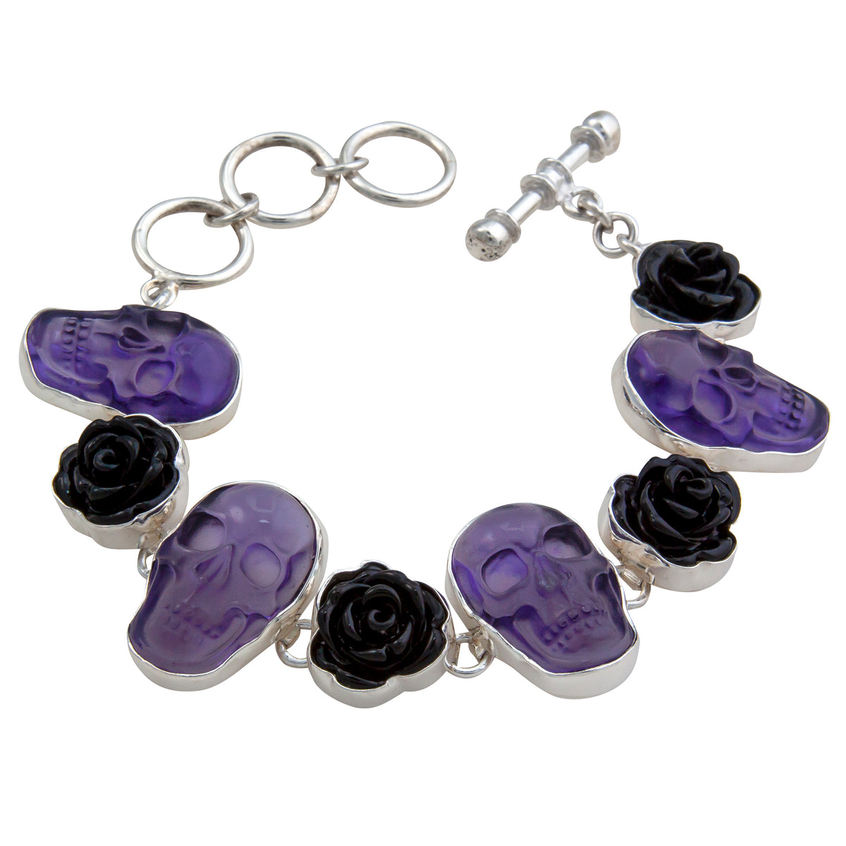 Sterling Silver Amethyst Skull and Black Resin Rose Bracelet | Charles Albert Jewelry