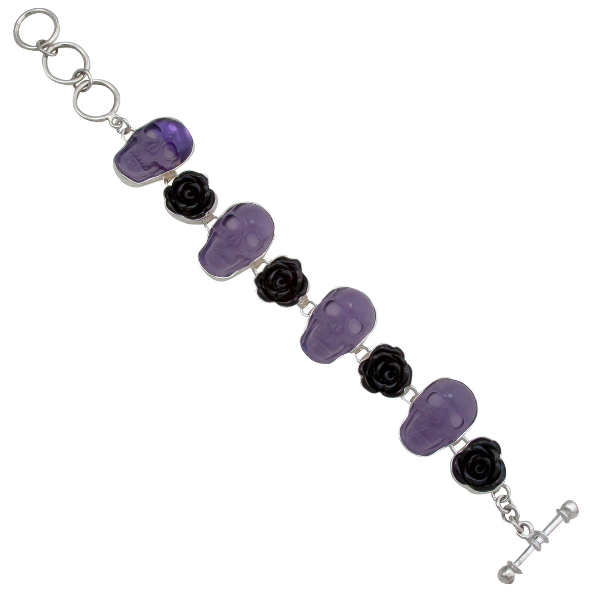 Sterling Silver Amethyst Skull and Black Resin Rose Bracelet | Charles Albert Jewelry