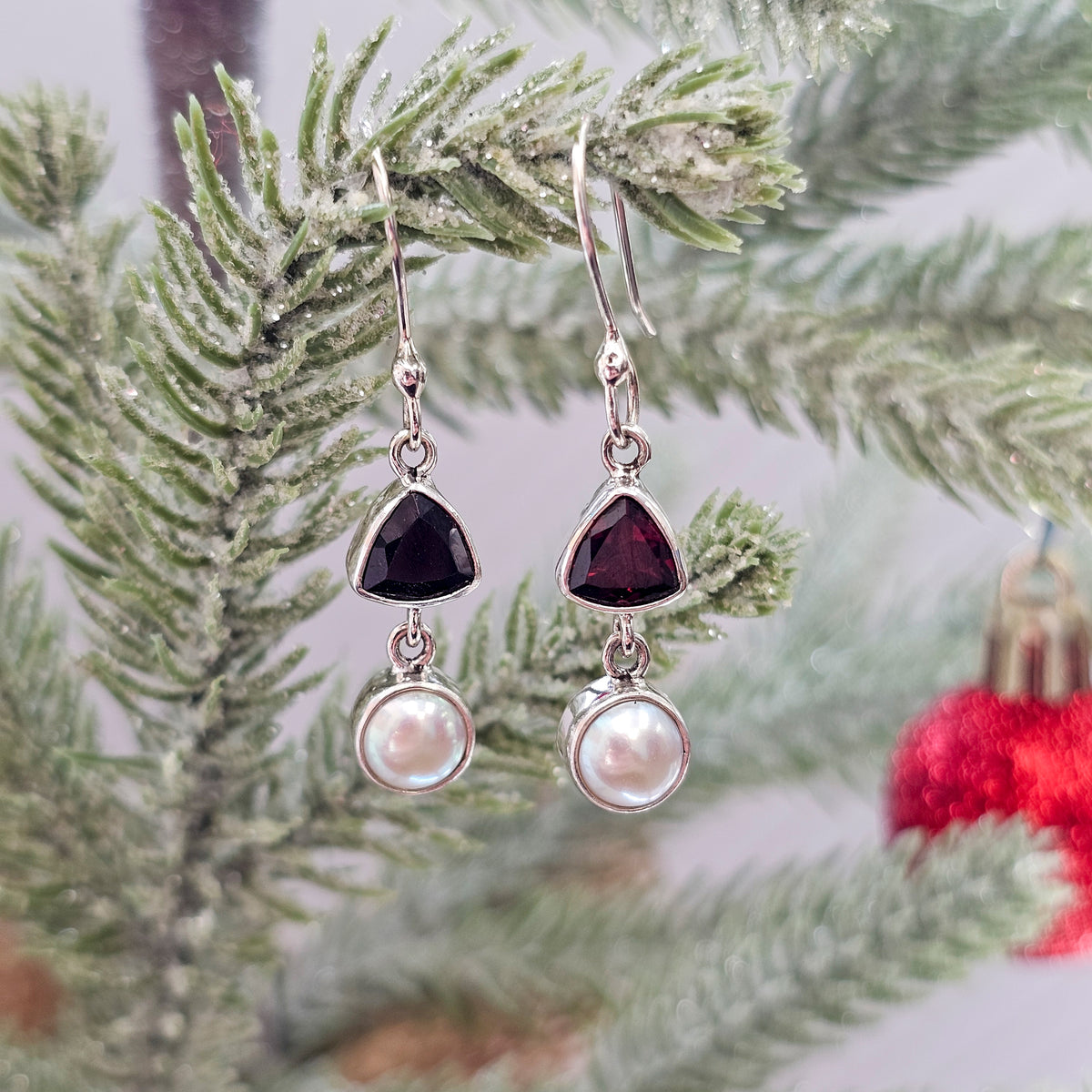 Sterling Silver Garnet and Pearl Drop Earrings | Charles Albert Jewelry