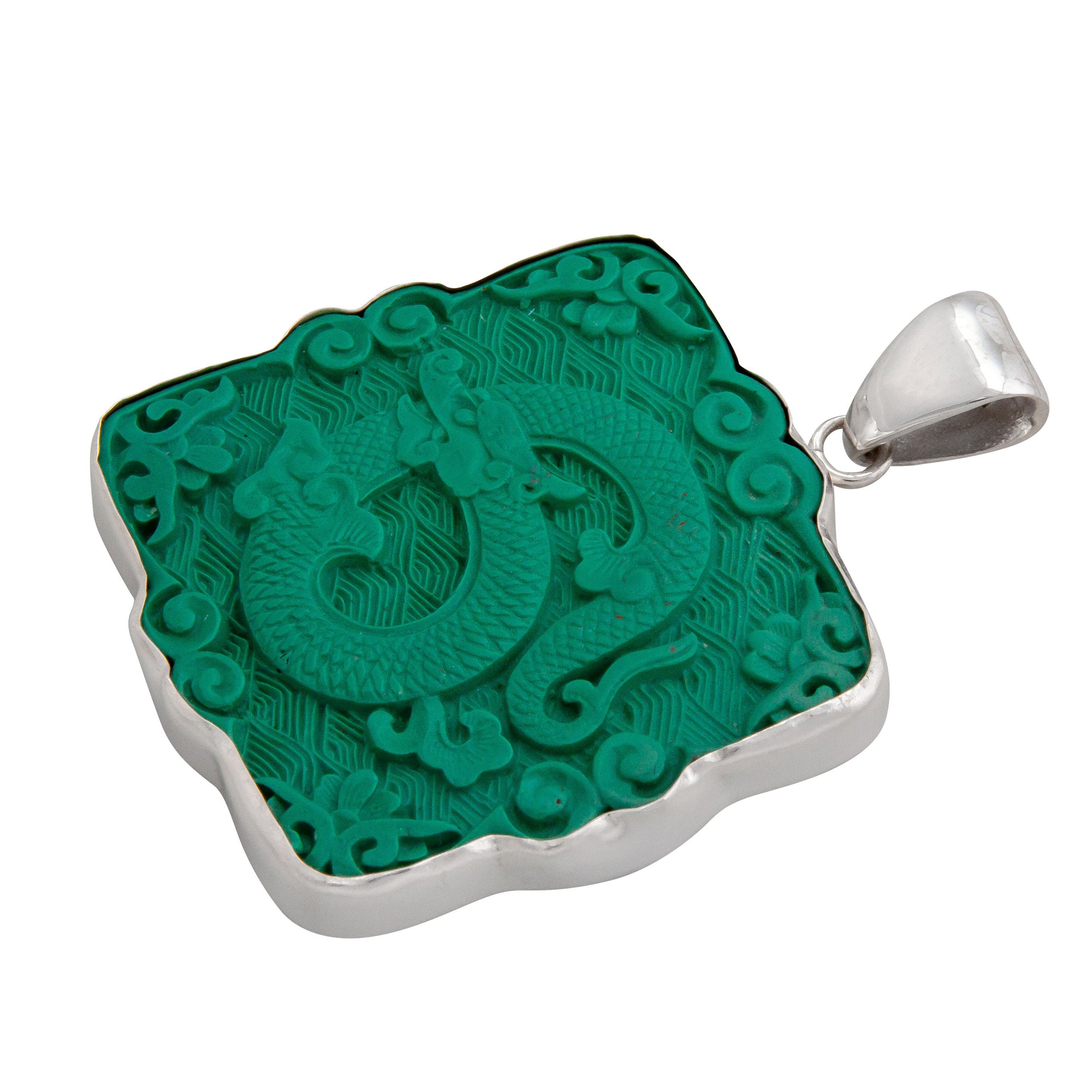 Sterling Silver Green Cinnabar Dragon Pendant | Charles Albert Jewelry