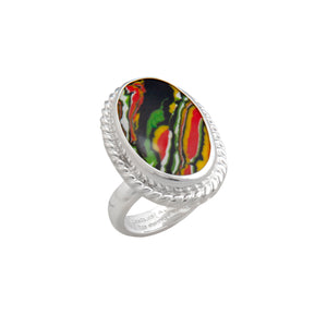 Sterling Silver Green Fordite Oval Adjustable Ring with Rope Edge | Charles Albert Jewelry