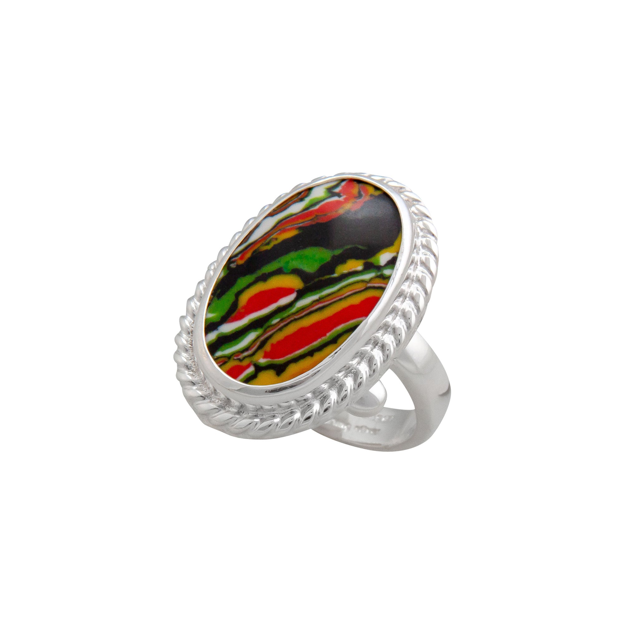 Sterling Silver Green Fordite Oval Adjustable Ring with Rope Edge | Charles Albert Jewelry